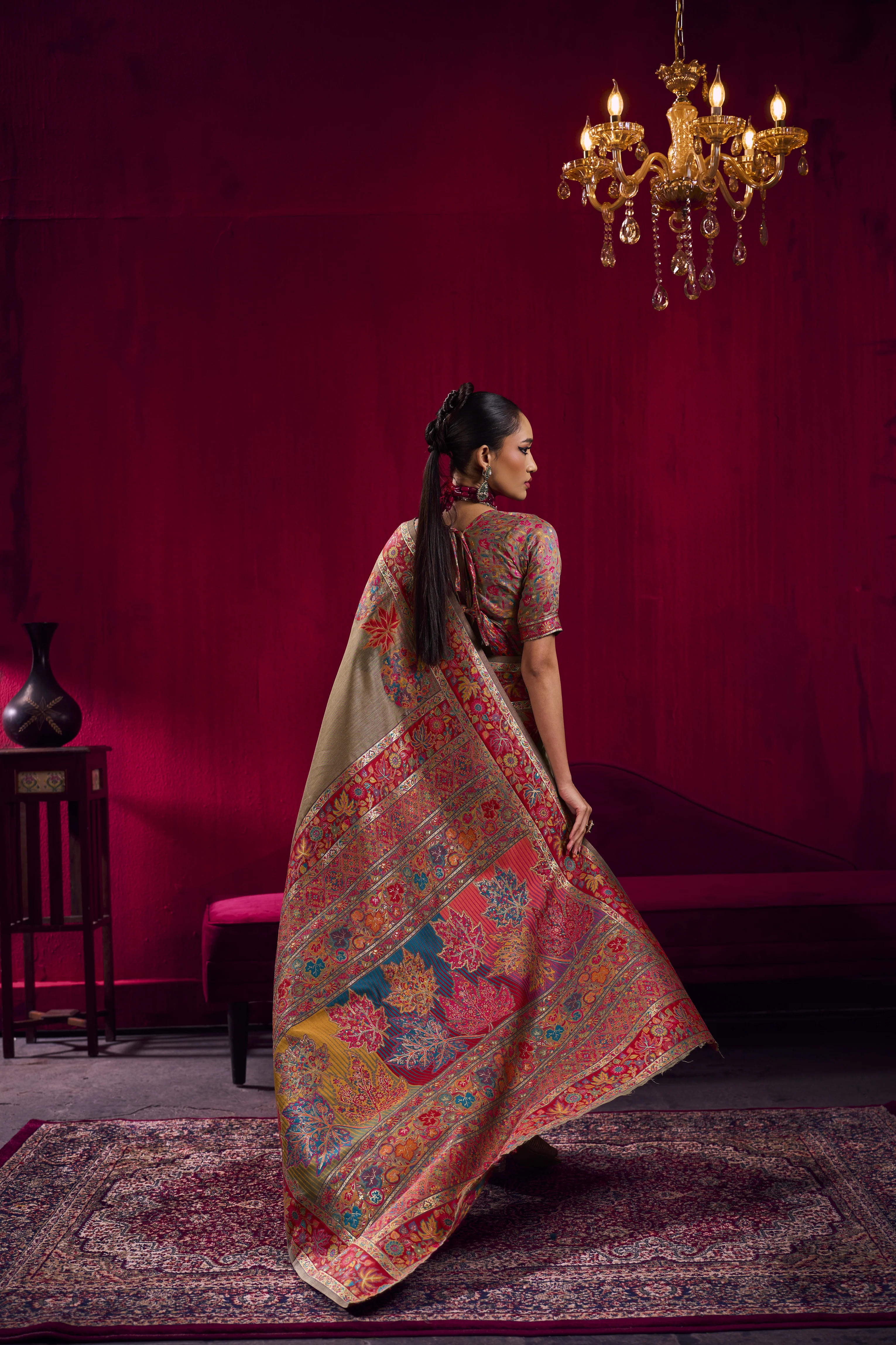 Golden Beige Kashmiri Modal Pashmina Saree with Multicolor Floral Weaving - Image 3
