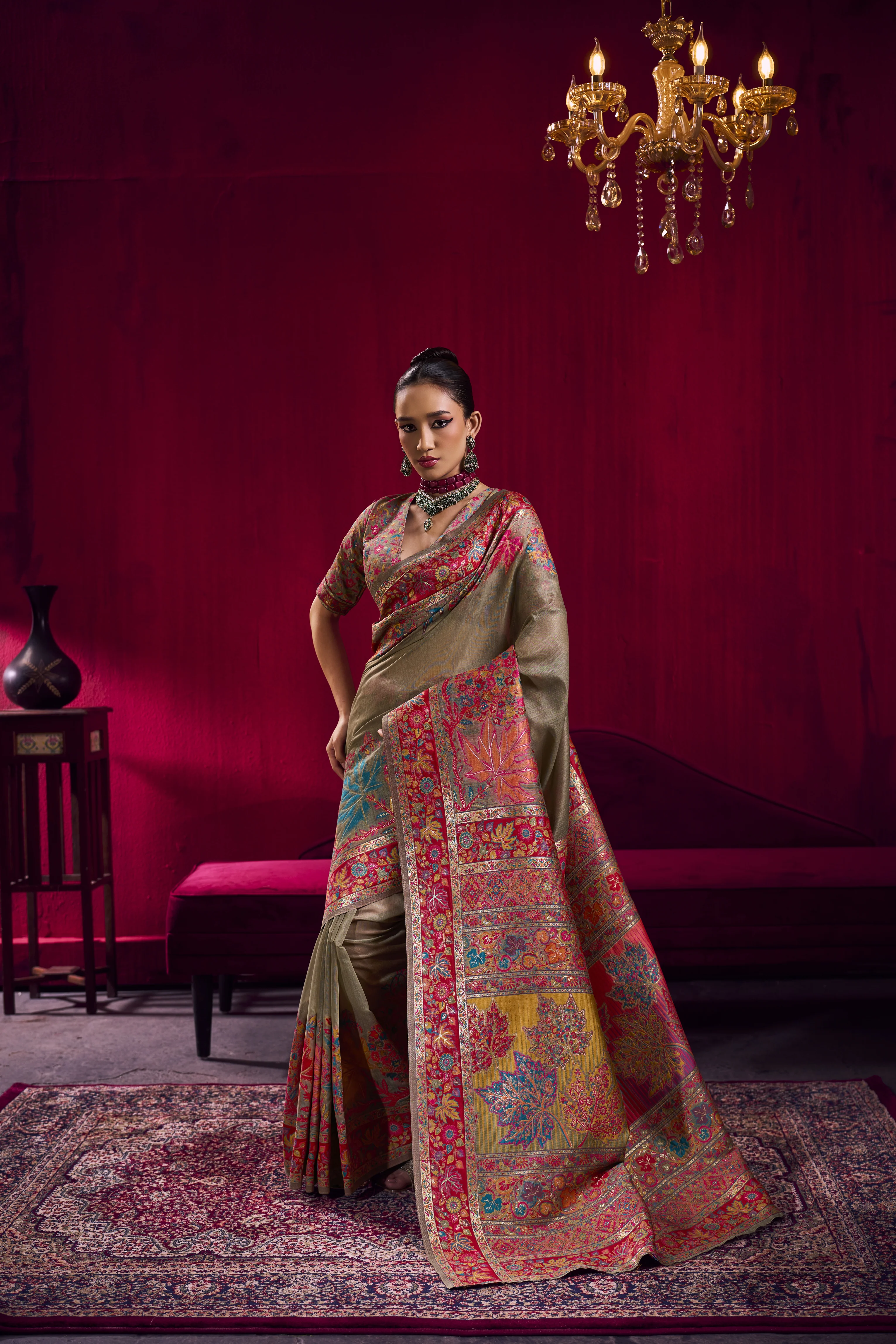 Golden Beige Kashmiri Modal Pashmina Saree with Multicolor Floral Weaving - Image 4