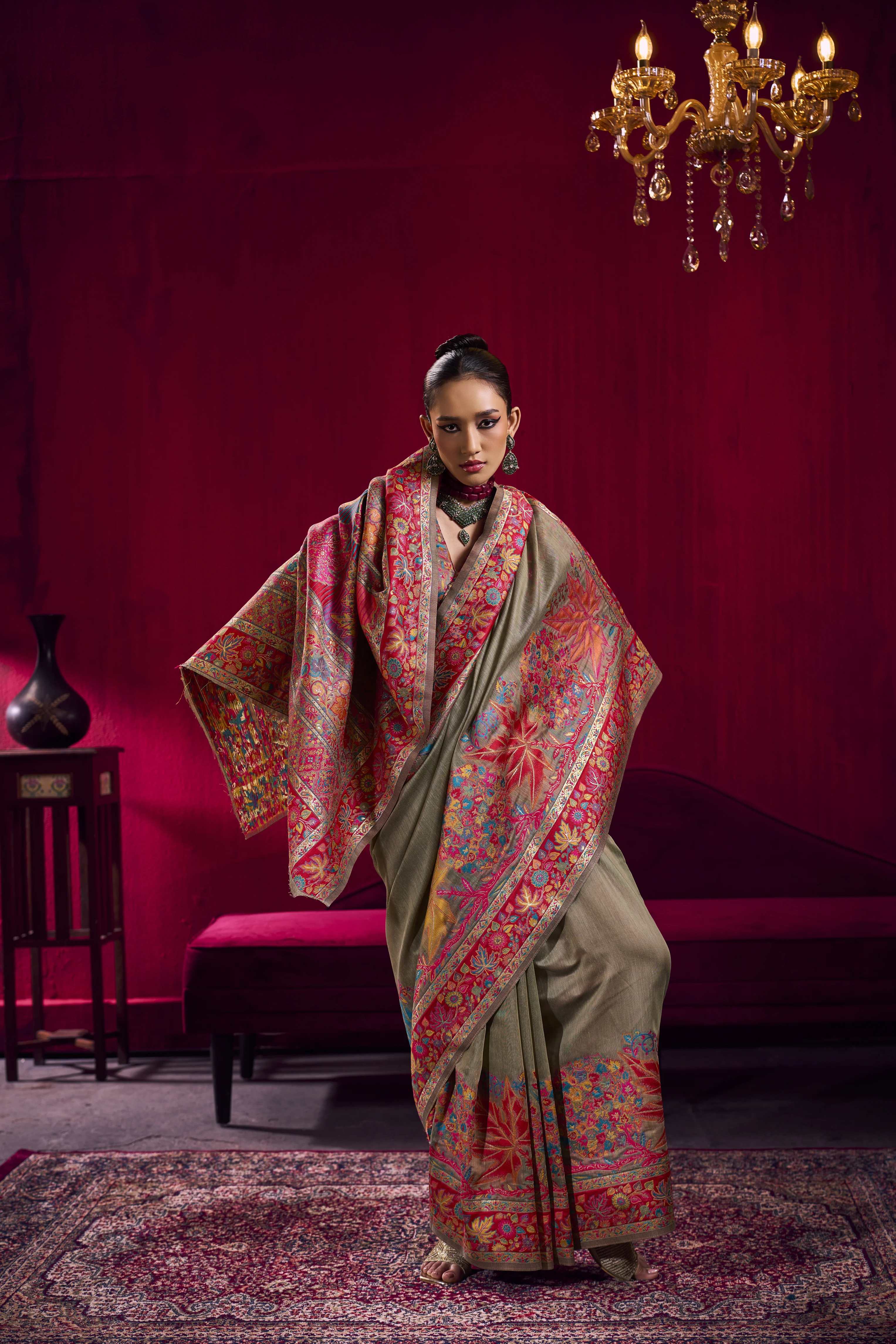 Golden Beige Kashmiri Modal Pashmina Saree with Multicolor Floral Weaving - Image 5