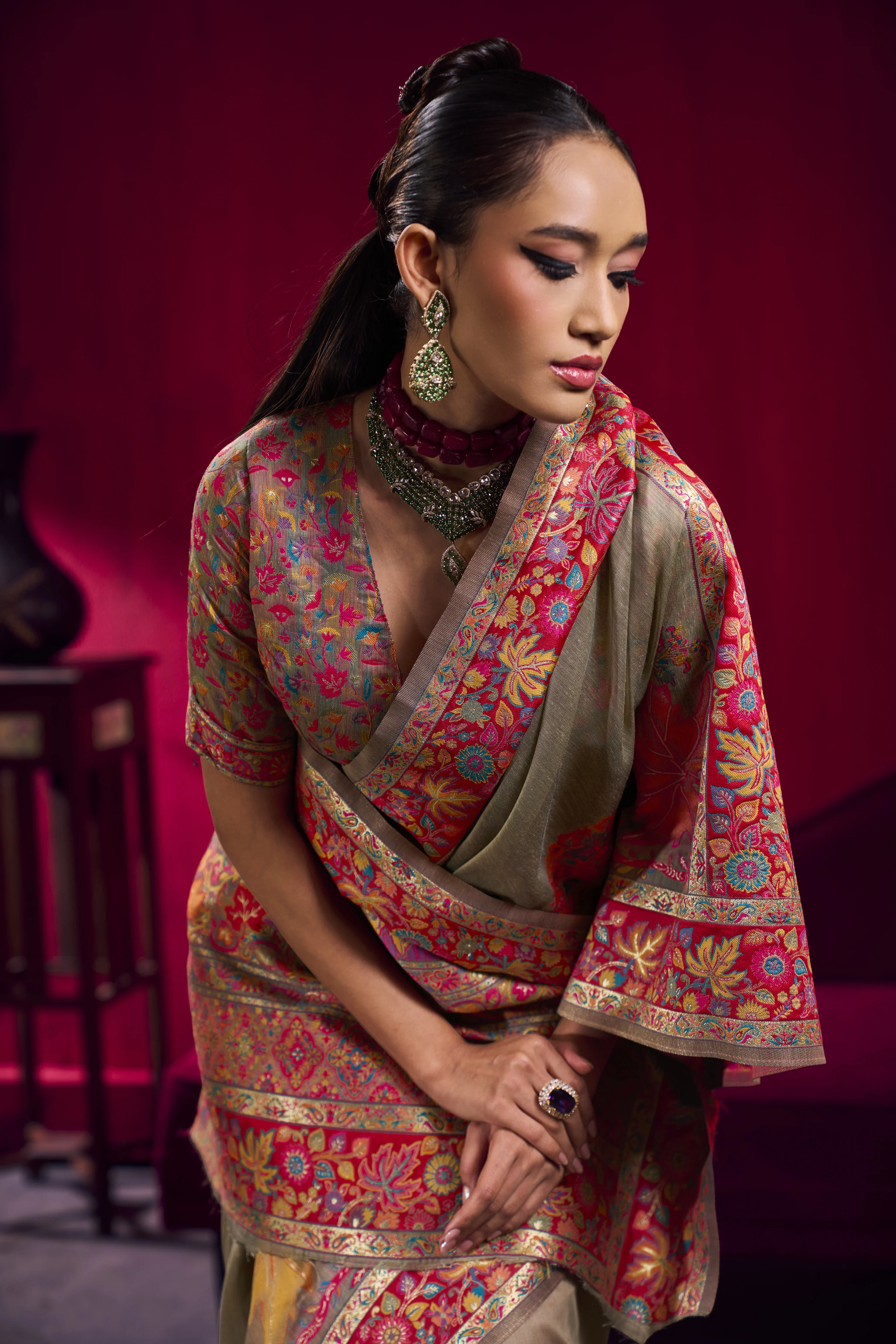 Golden Beige Kashmiri Modal Pashmina Saree with Multicolor Floral Weaving - Image 6
