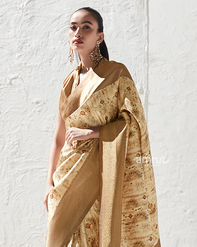 Golden Brown Floral-Print Cream Silk Saree with Unstitched Blouse - Image 2