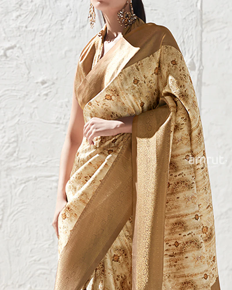 Golden Brown Floral-Print Cream Silk Saree with Unstitched Blouse - Image 3