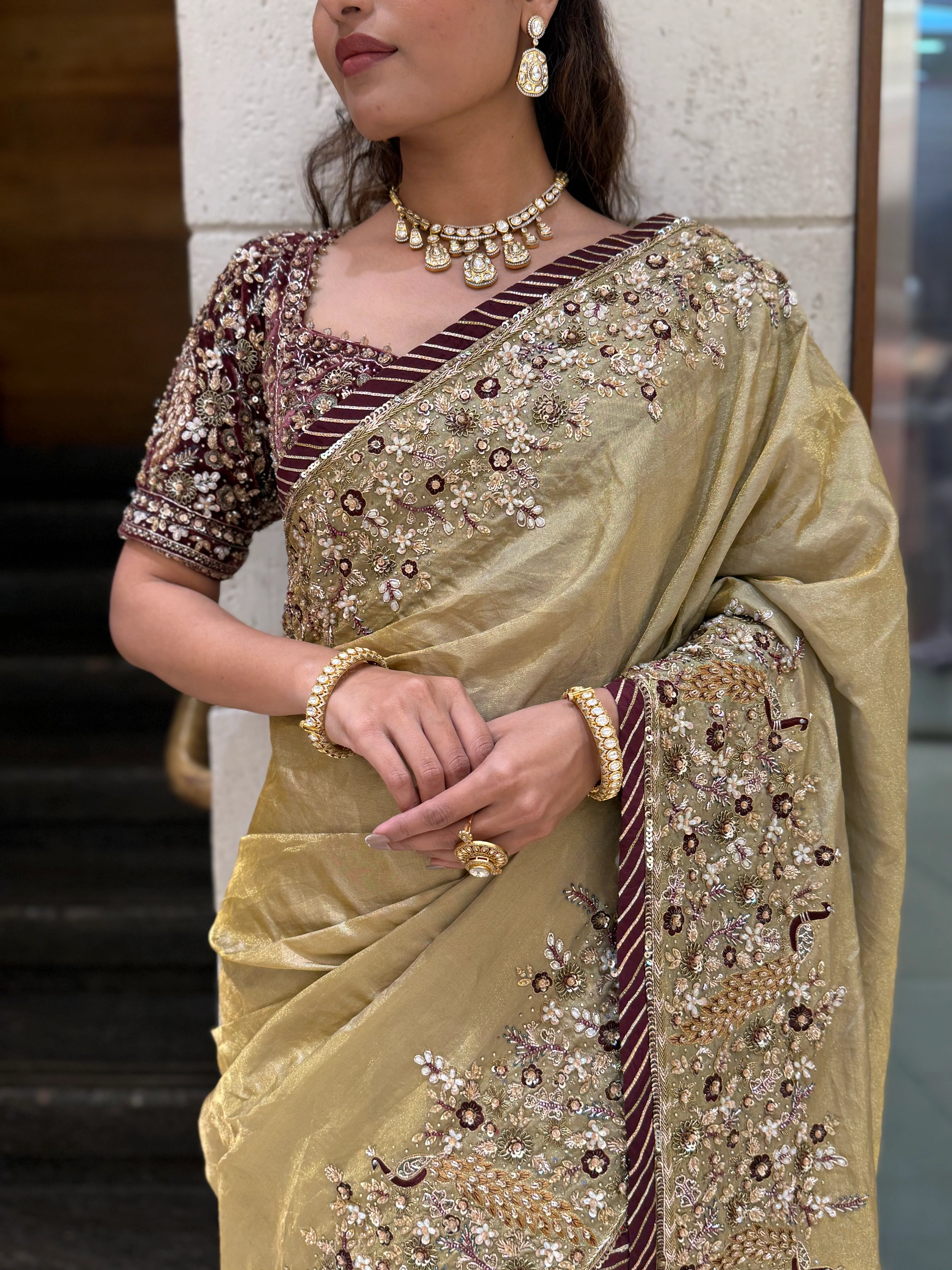 Golden Designer Embroidered Saree with Matching Heavy Work Blouse - Image 2