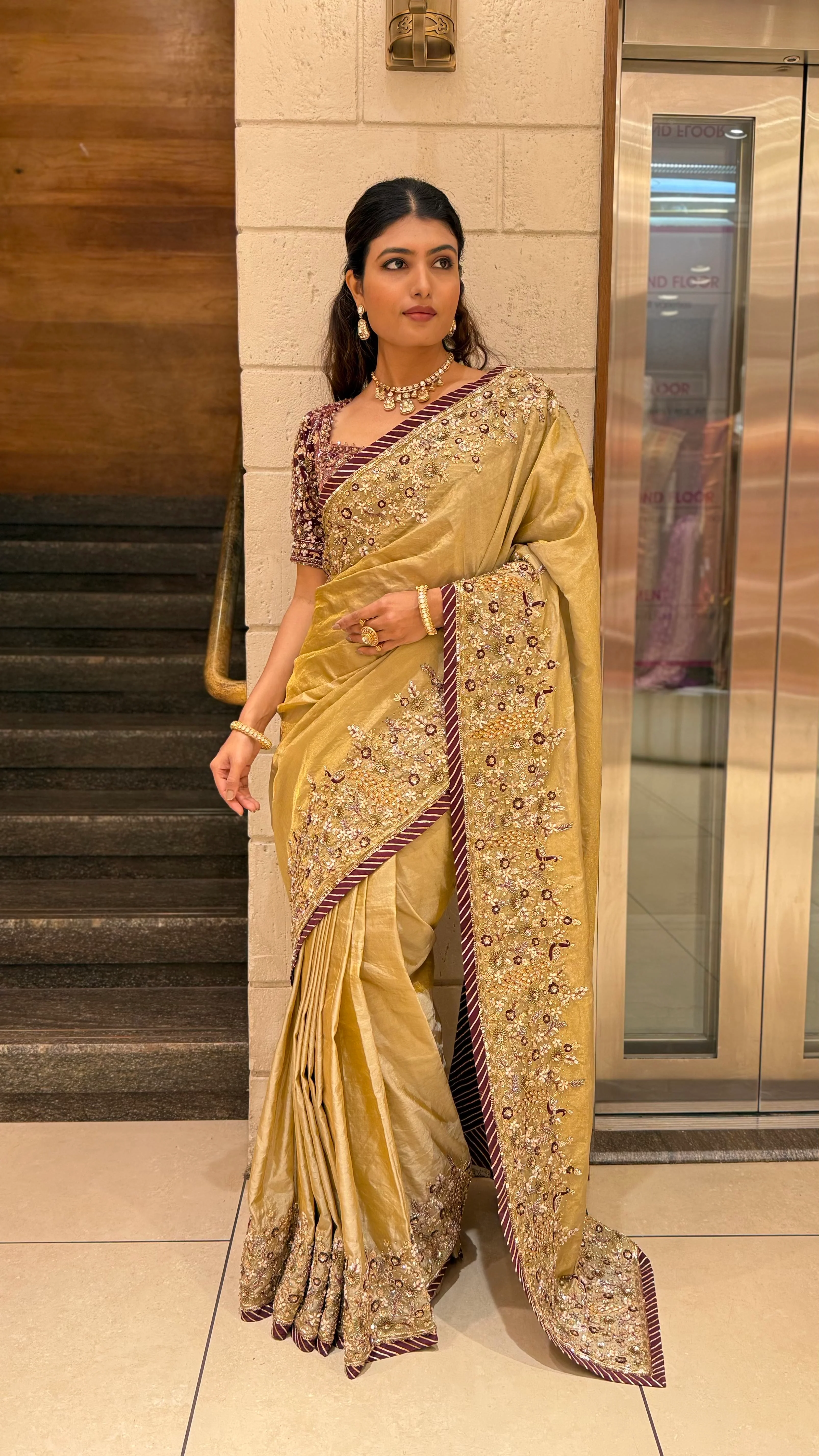 Golden Designer Embroidered Saree with Matching Heavy Work Blouse - Image 3