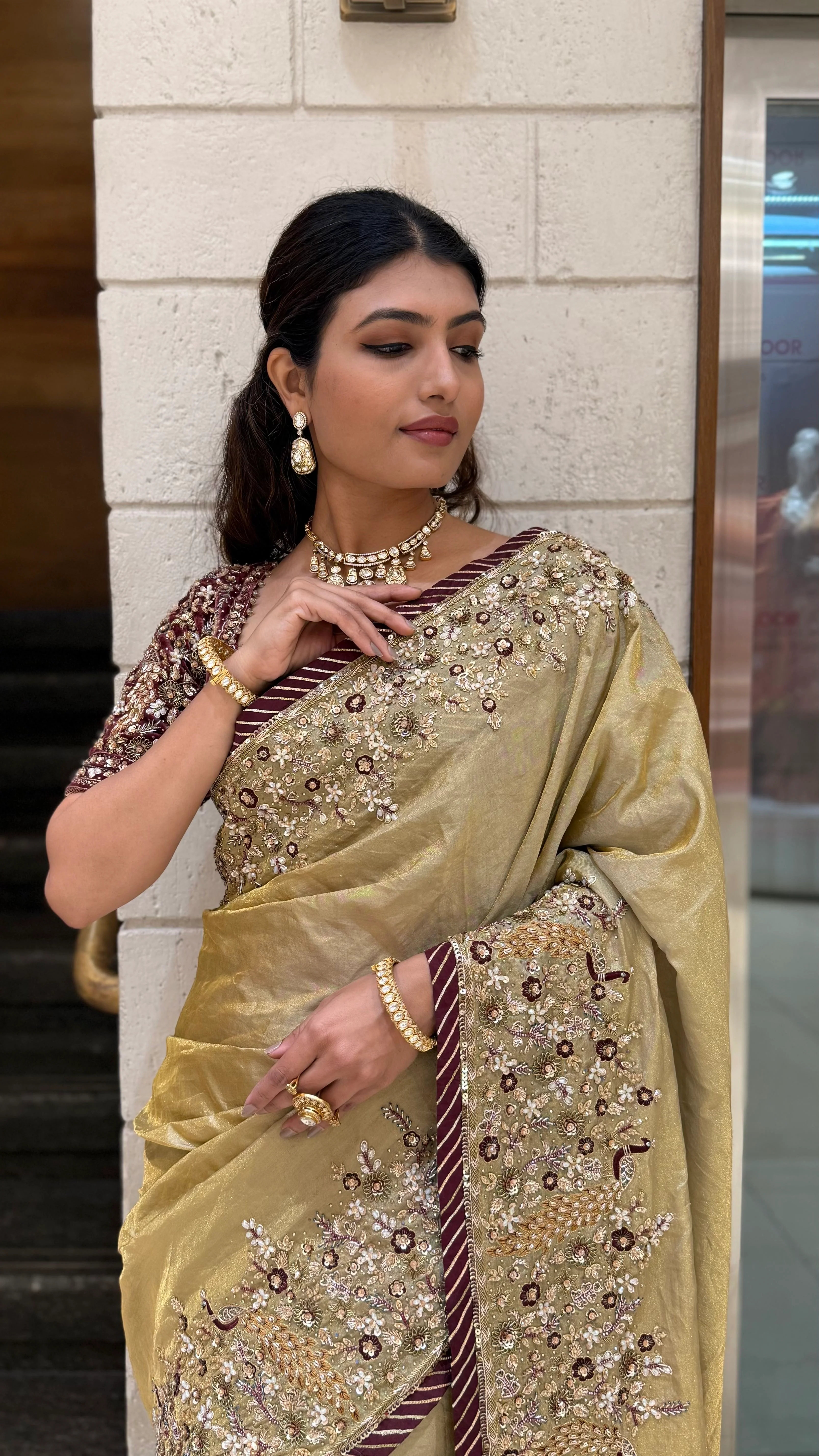 Golden Designer Embroidered Saree with Matching Heavy Work Blouse - Image 4