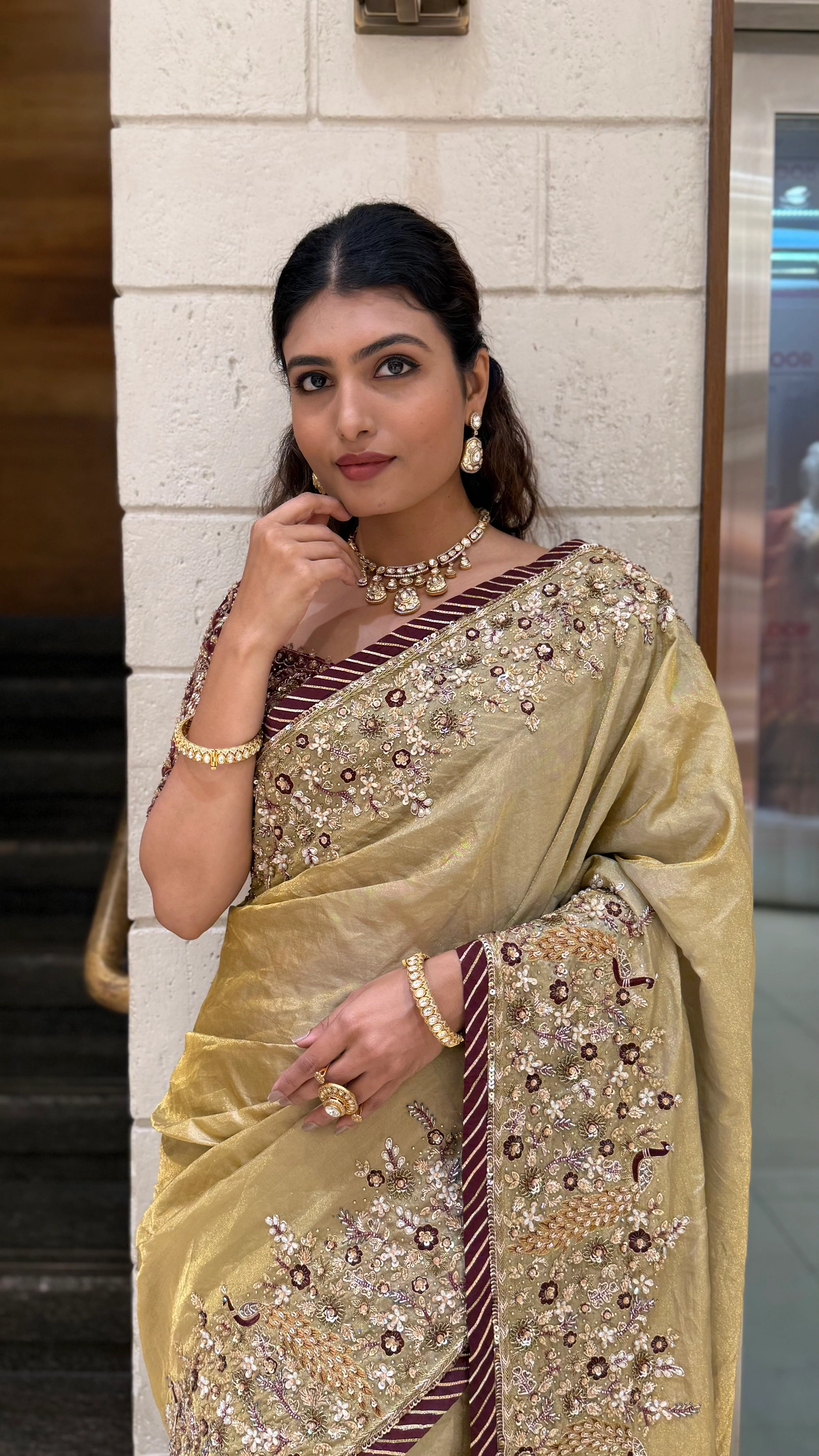 Golden Designer Embroidered Saree with Matching Heavy Work Blouse - Image 5