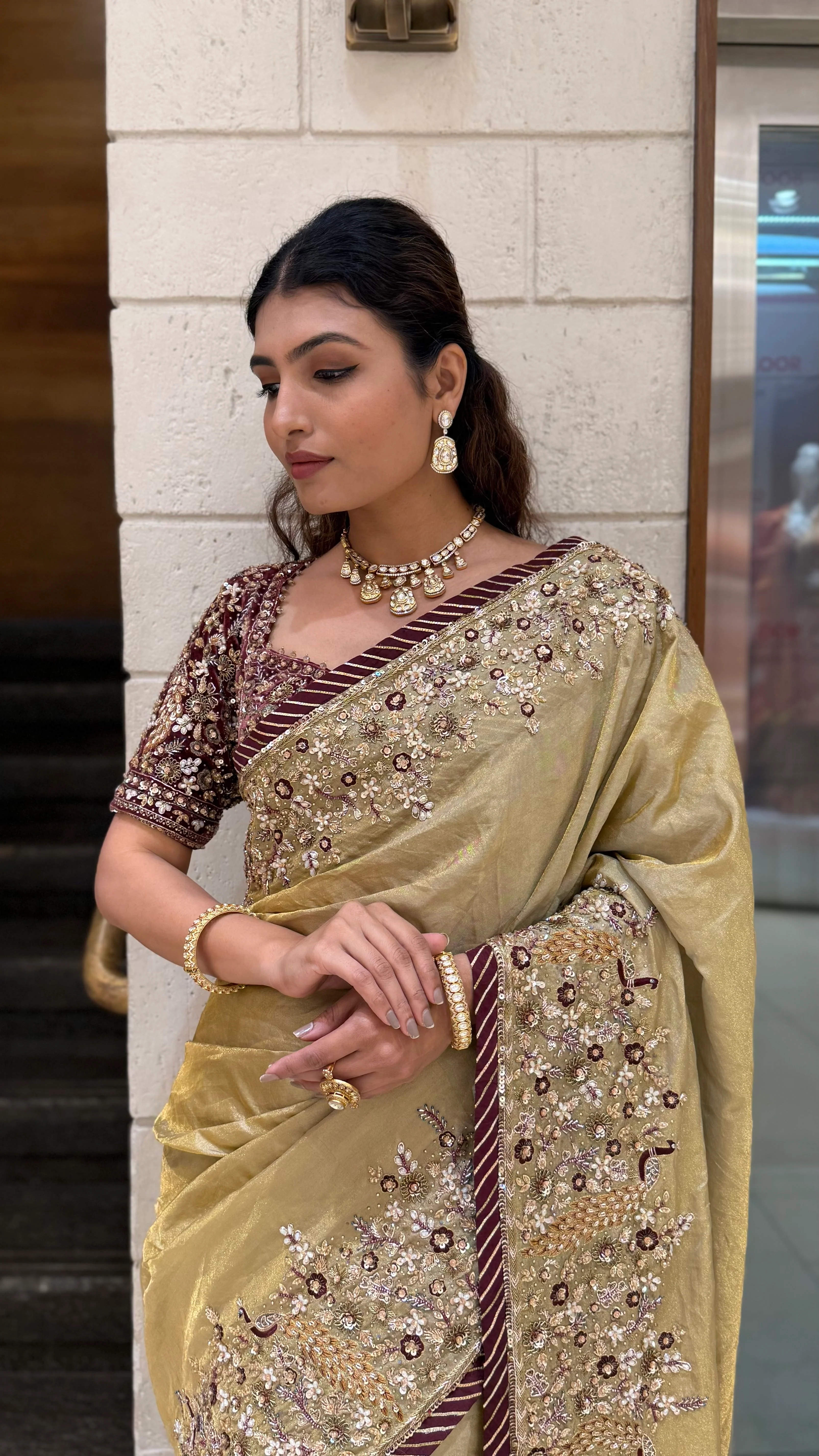 Golden Designer Embroidered Saree with Matching Heavy Work Blouse - Image 6
