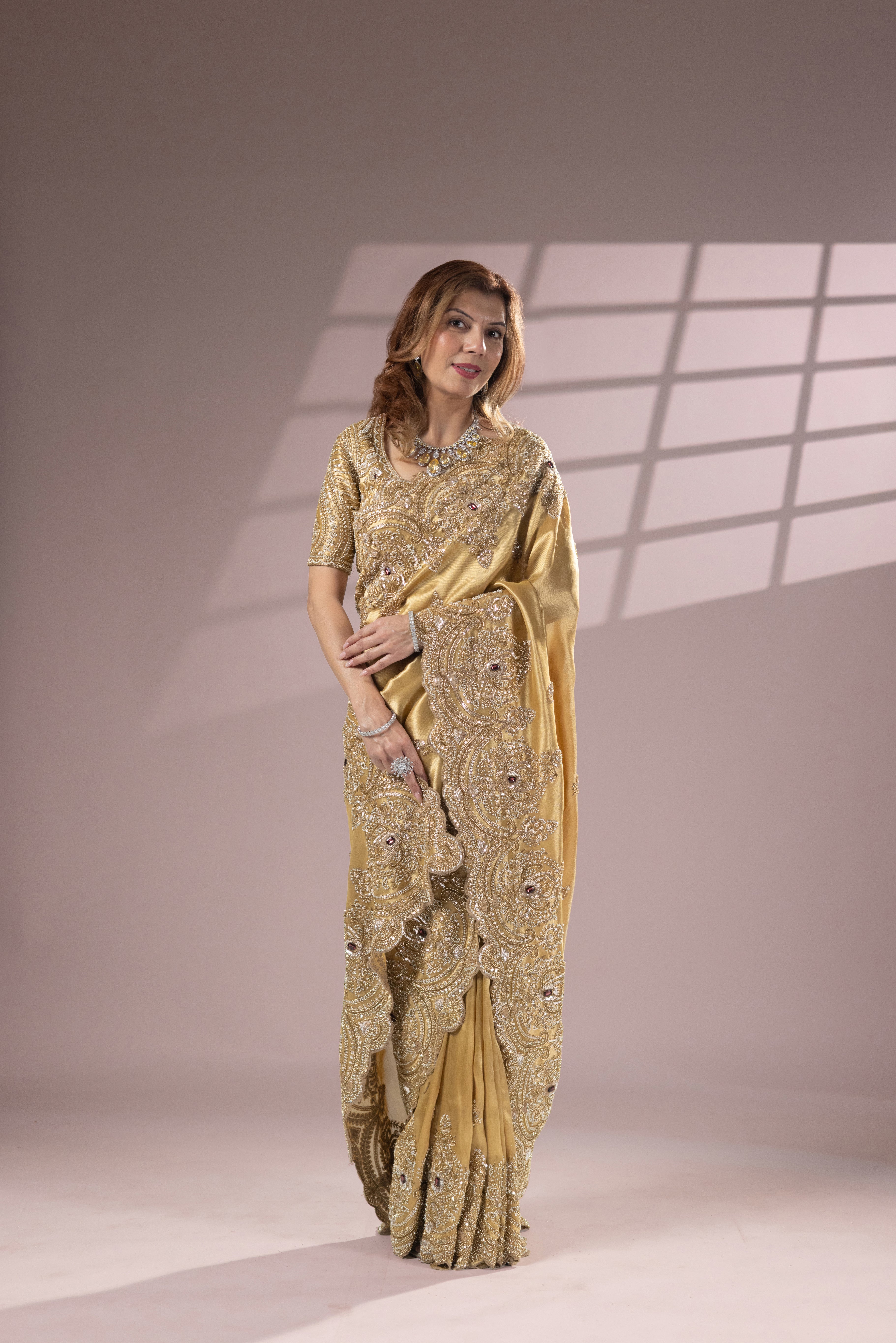 Golden Designer Silk Saree with Heavy Embroidery - Image 4