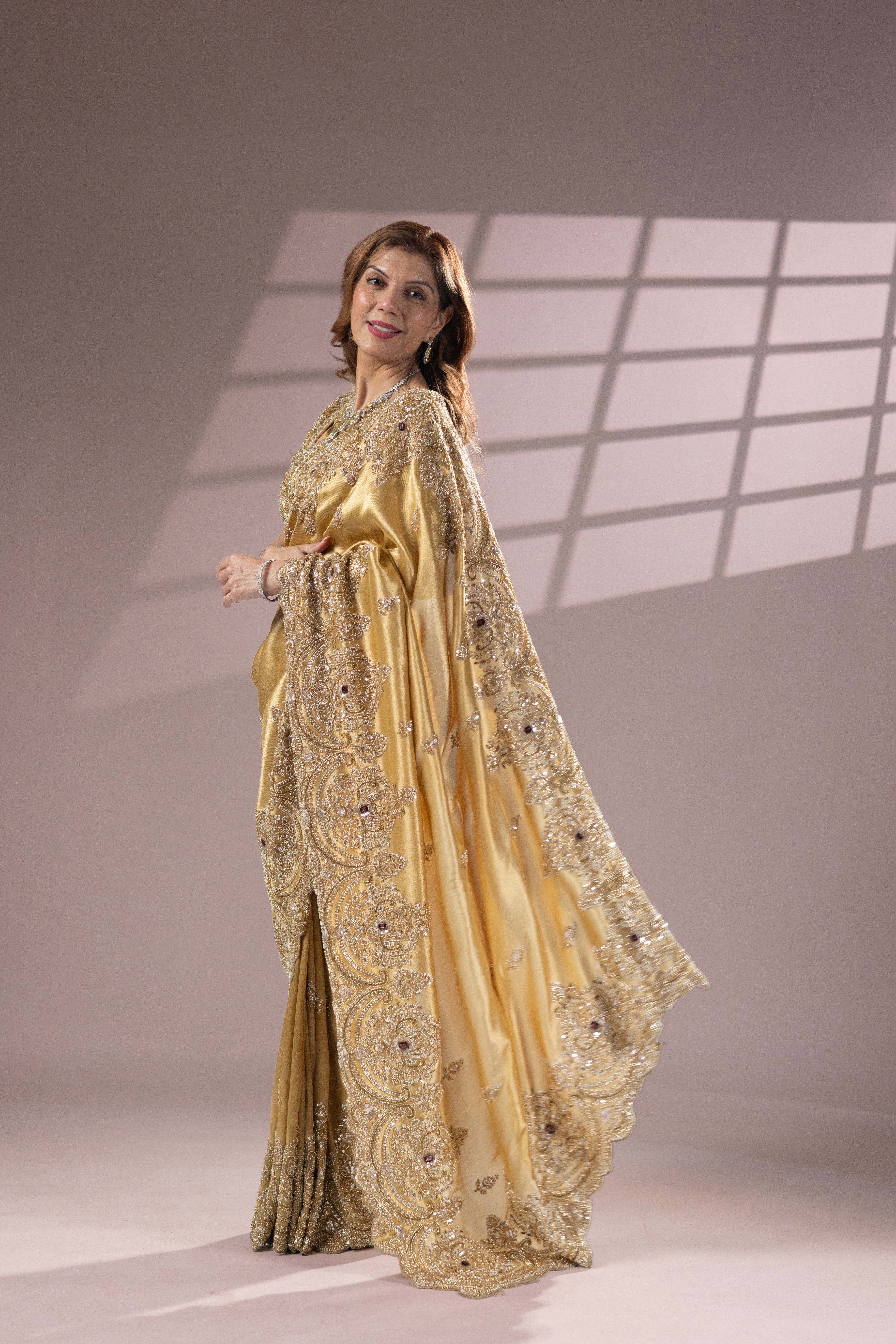 Golden Designer Silk Saree with Heavy Embroidery - Image 5