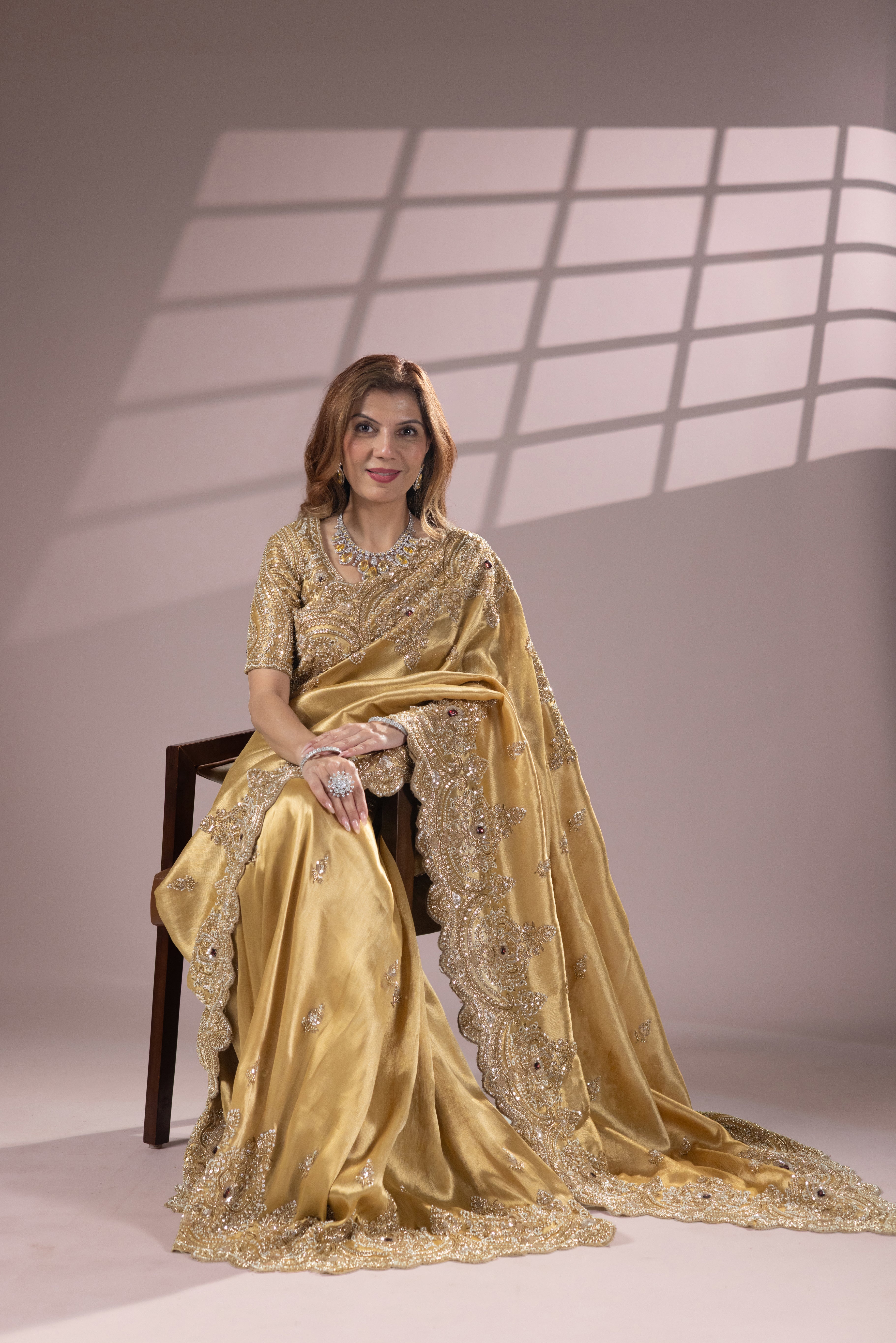 Golden Designer Silk Saree with Heavy Embroidery - Image 6