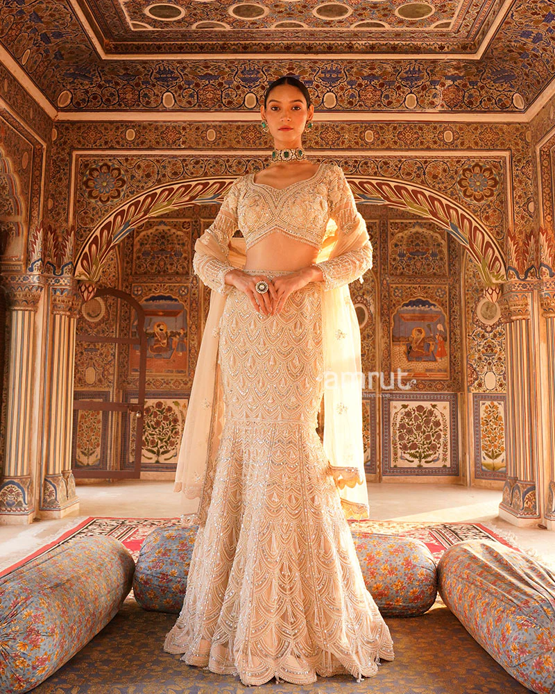 Cream Golden Embellished Mermaid  Style Lehenga Choli and Dupatta - Image 3