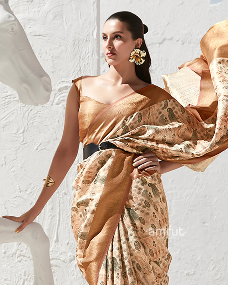 Golden Floral-Print Light Beige Silk Saree with Unstitched Blouse - Image 2