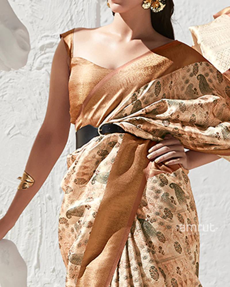Golden Floral-Print Light Beige Silk Saree with Unstitched Blouse - Image 3