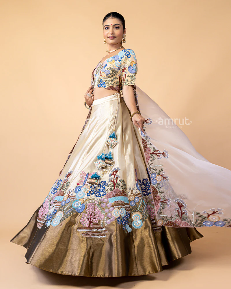 Golden Lehenga Choli with Zardozi Work and Net Dupatta - Image 4