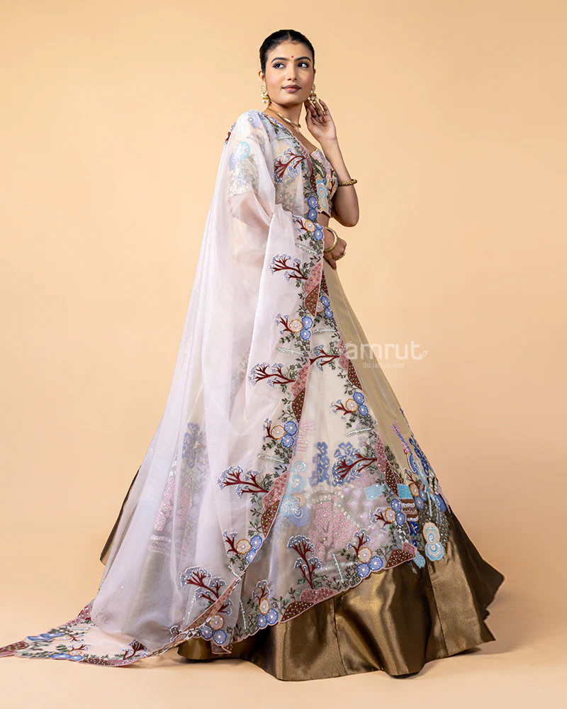 Golden Lehenga Choli with Zardozi Work and Net Dupatta - Image 5