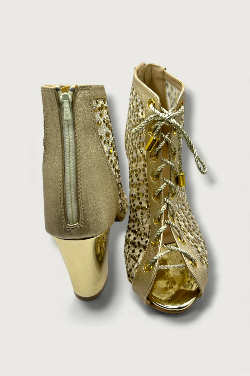 Golden Mesh Lace-Up Ethnic Heels with Cutwork & Peep-Toe Design - Image 2