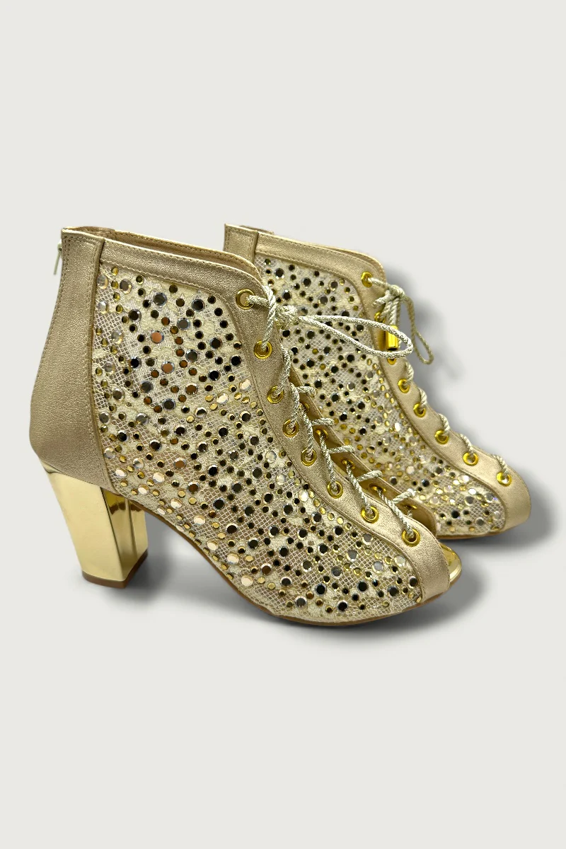 Golden Mesh Lace-Up Ethnic Heels with Cutwork & Peep-Toe Design - Image 3