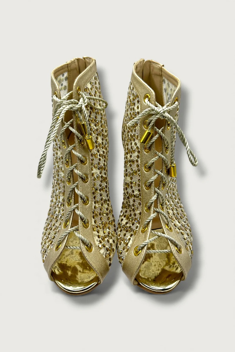 Golden Mesh Lace-Up Ethnic Heels with Cutwork & Peep-Toe Design - Image 4