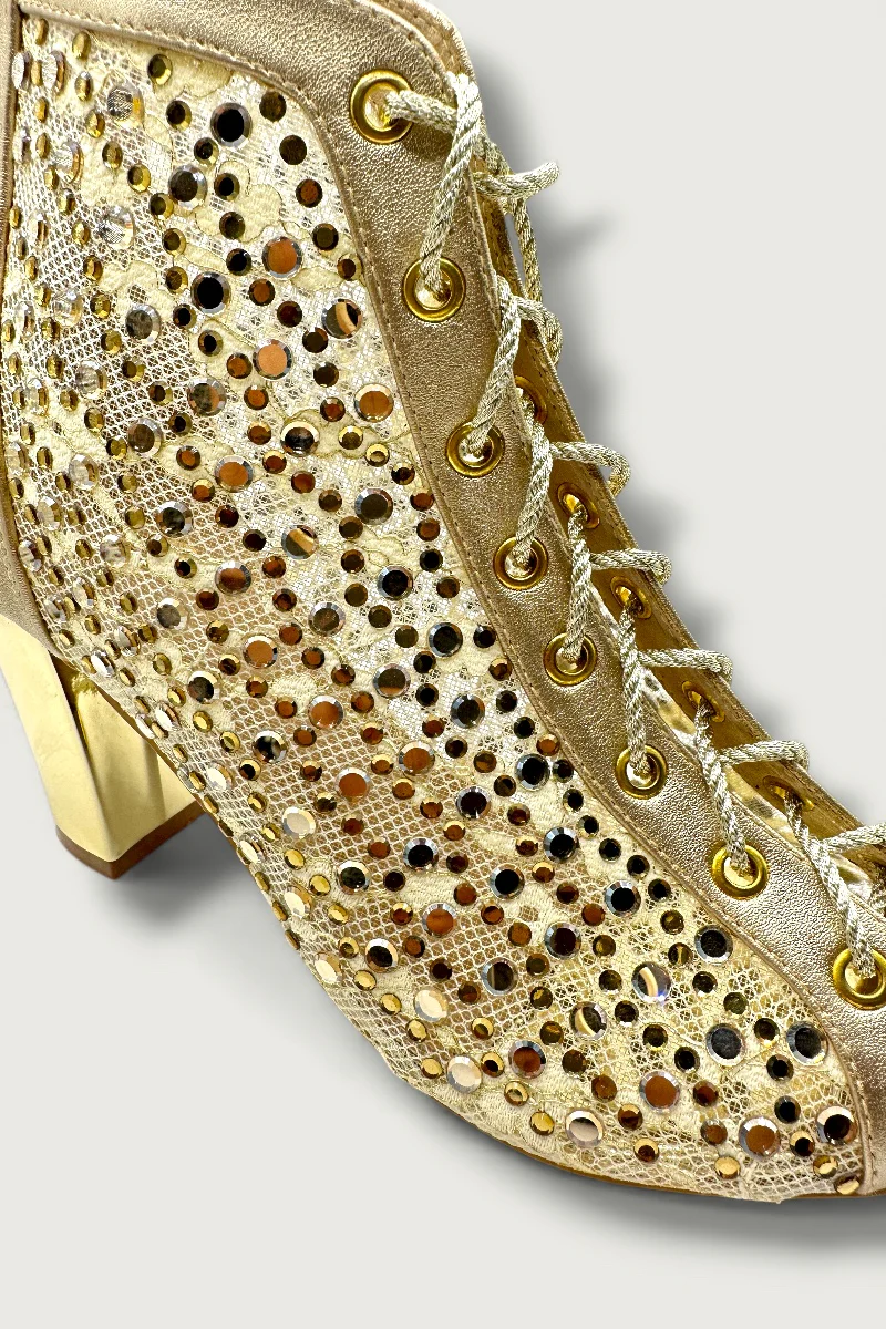 Golden Mesh Lace-Up Ethnic Heels with Cutwork & Peep-Toe Design - Image 5
