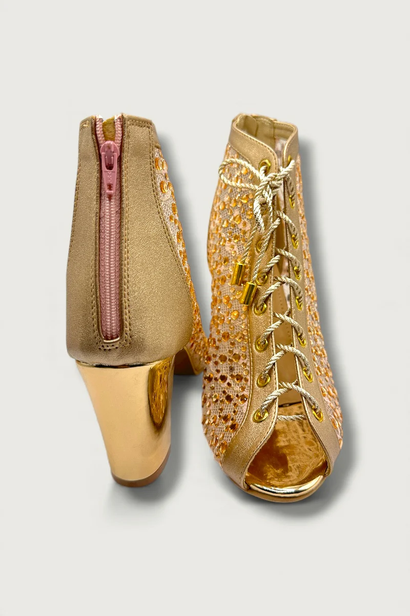 Golden Mesh Peep-Toe Heels with Lace-Up Detail – Glam Comfort Edition - Image 2