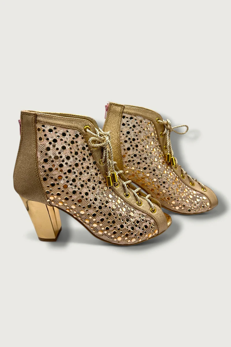Golden Mesh Peep-Toe Heels with Lace-Up Detail – Glam Comfort Edition - Image 3