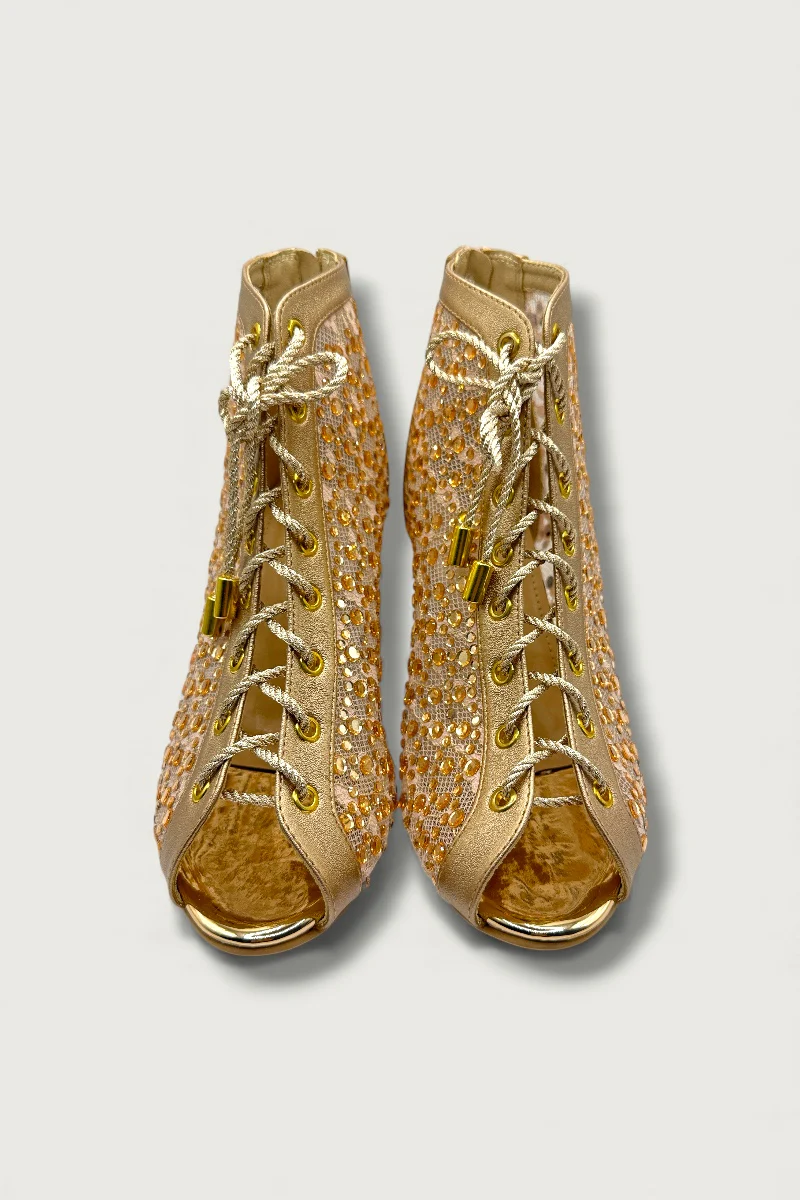 Golden Mesh Peep-Toe Heels with Lace-Up Detail – Glam Comfort Edition - Image 4