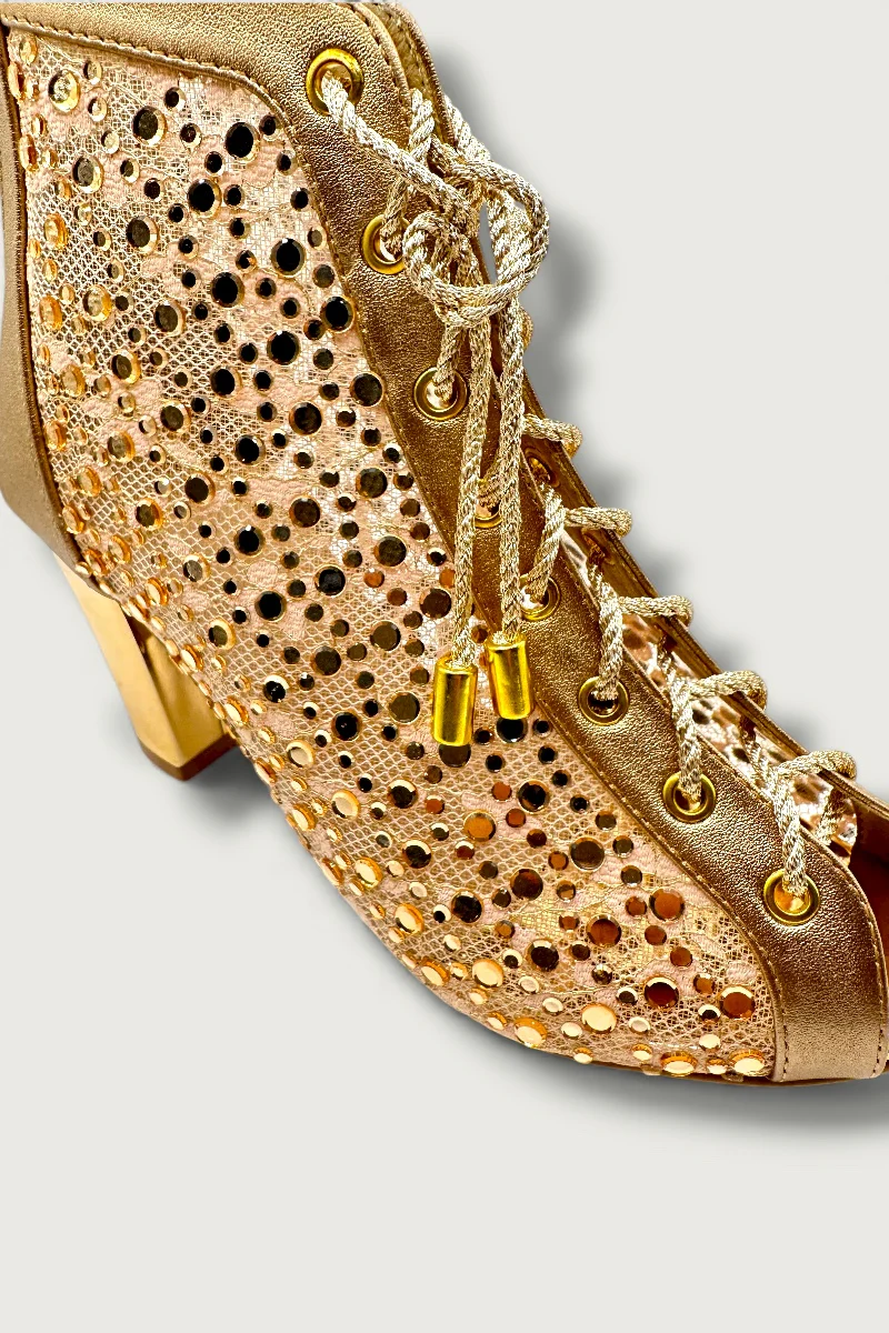 Golden Mesh Peep-Toe Heels with Lace-Up Detail – Glam Comfort Edition - Image 5