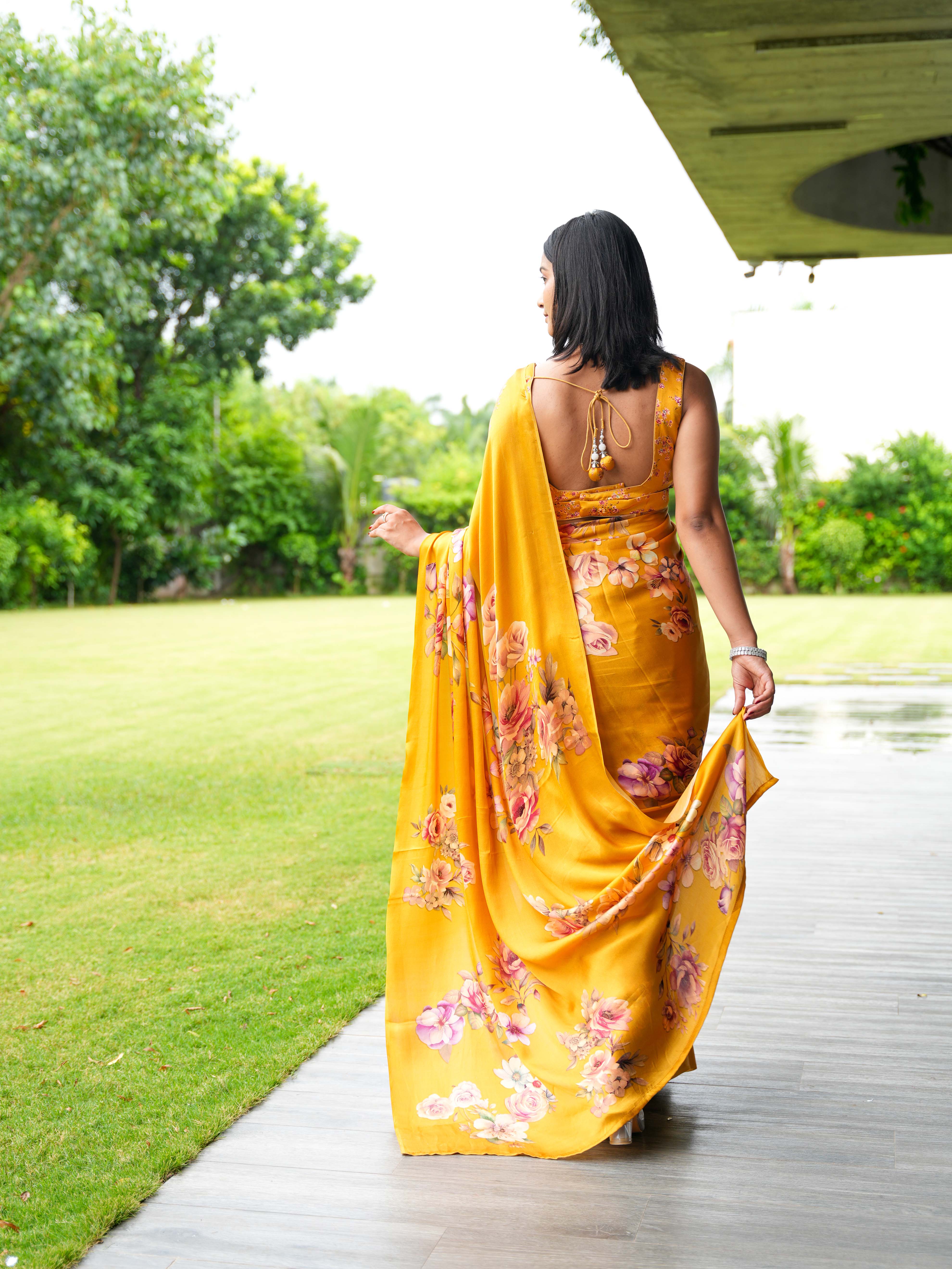 Golden Mustard Pure Satin Silk Saree with Romantic Rose Floral Digital Print – Unstitched Blouse - Image 2
