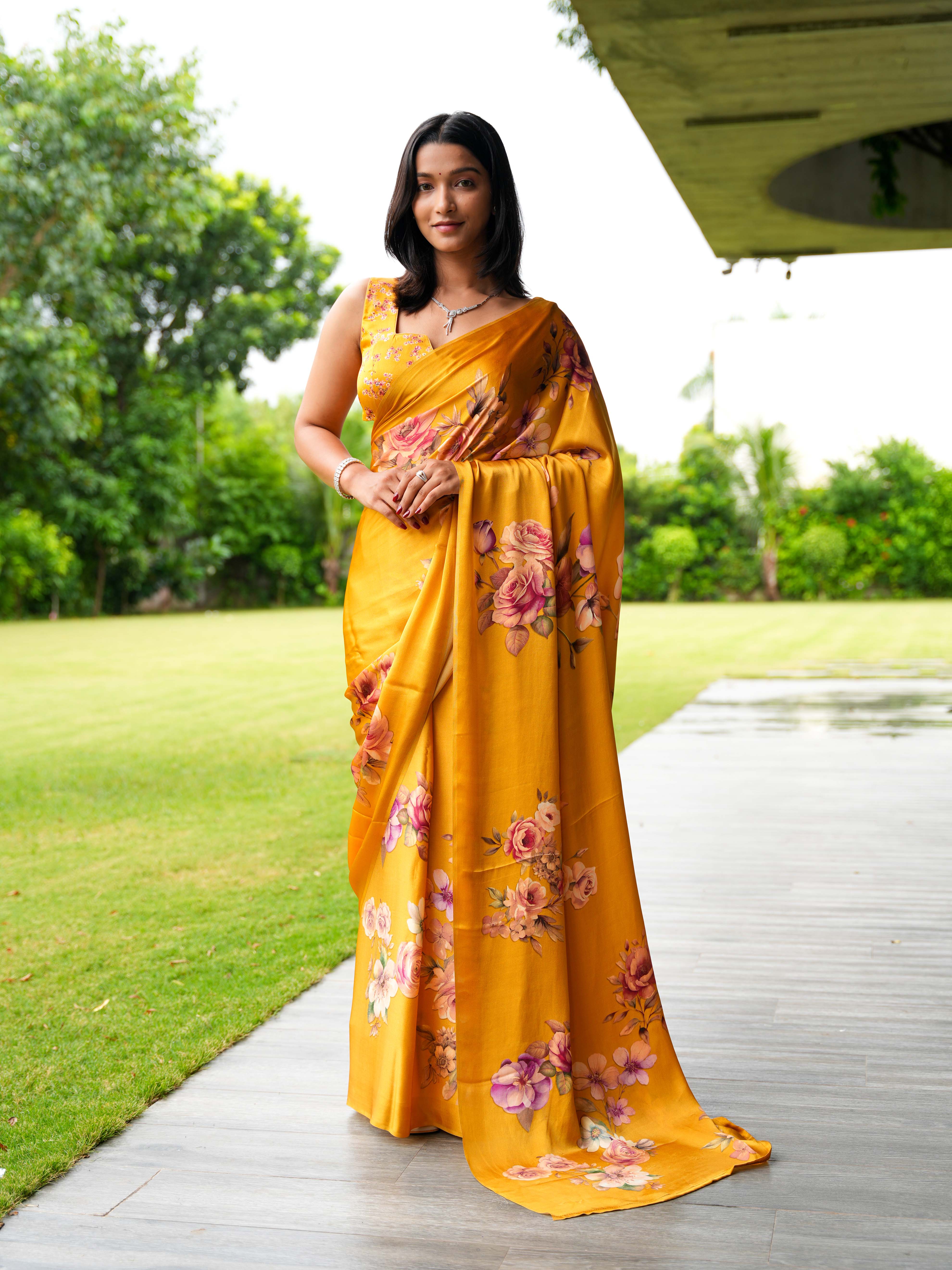 Golden Mustard Pure Satin Silk Saree with Romantic Rose Floral Digital Print – Unstitched Blouse - Image 3