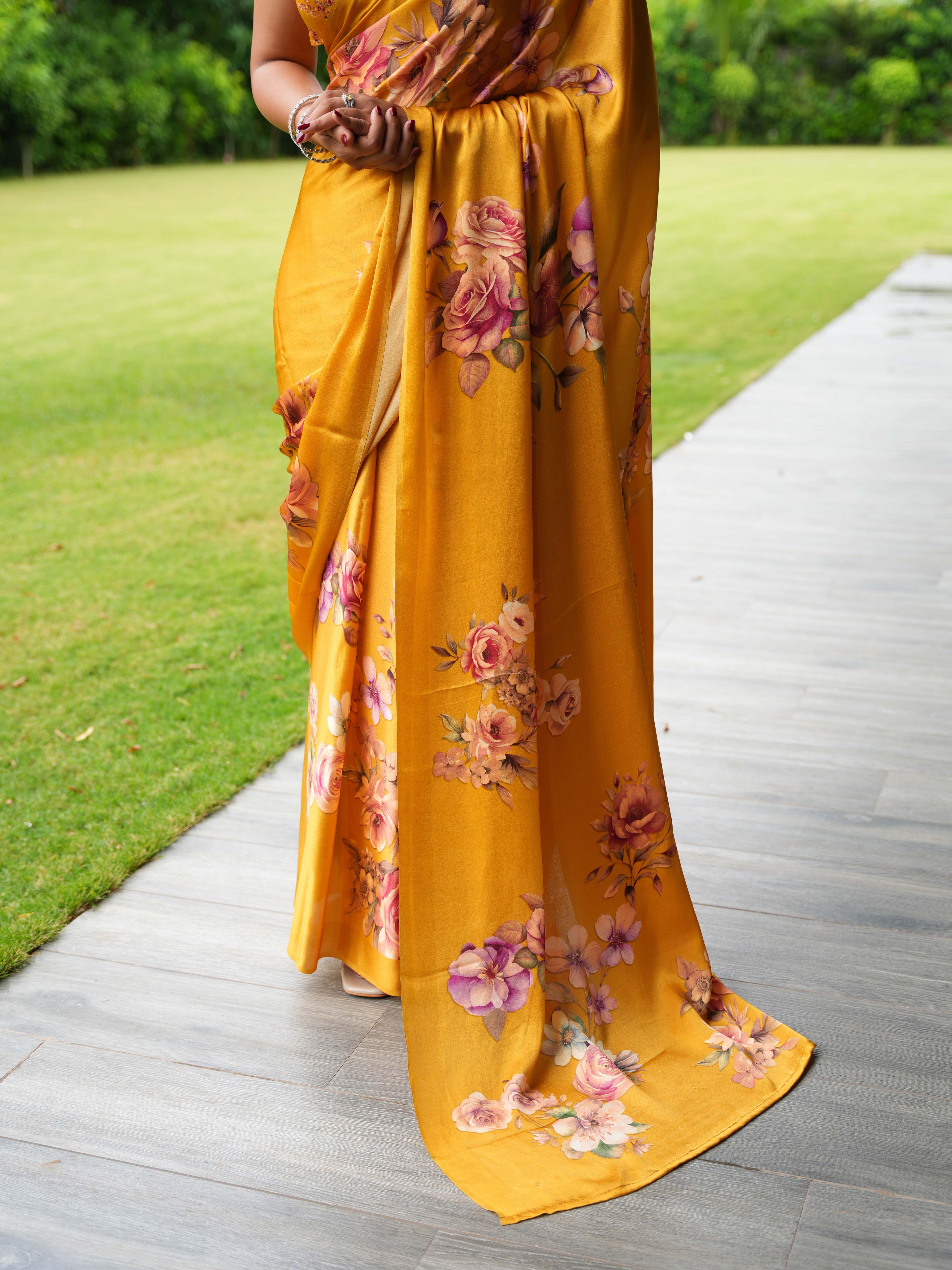 Golden Mustard Pure Satin Silk Saree with Romantic Rose Floral Digital Print – Unstitched Blouse - Image 4