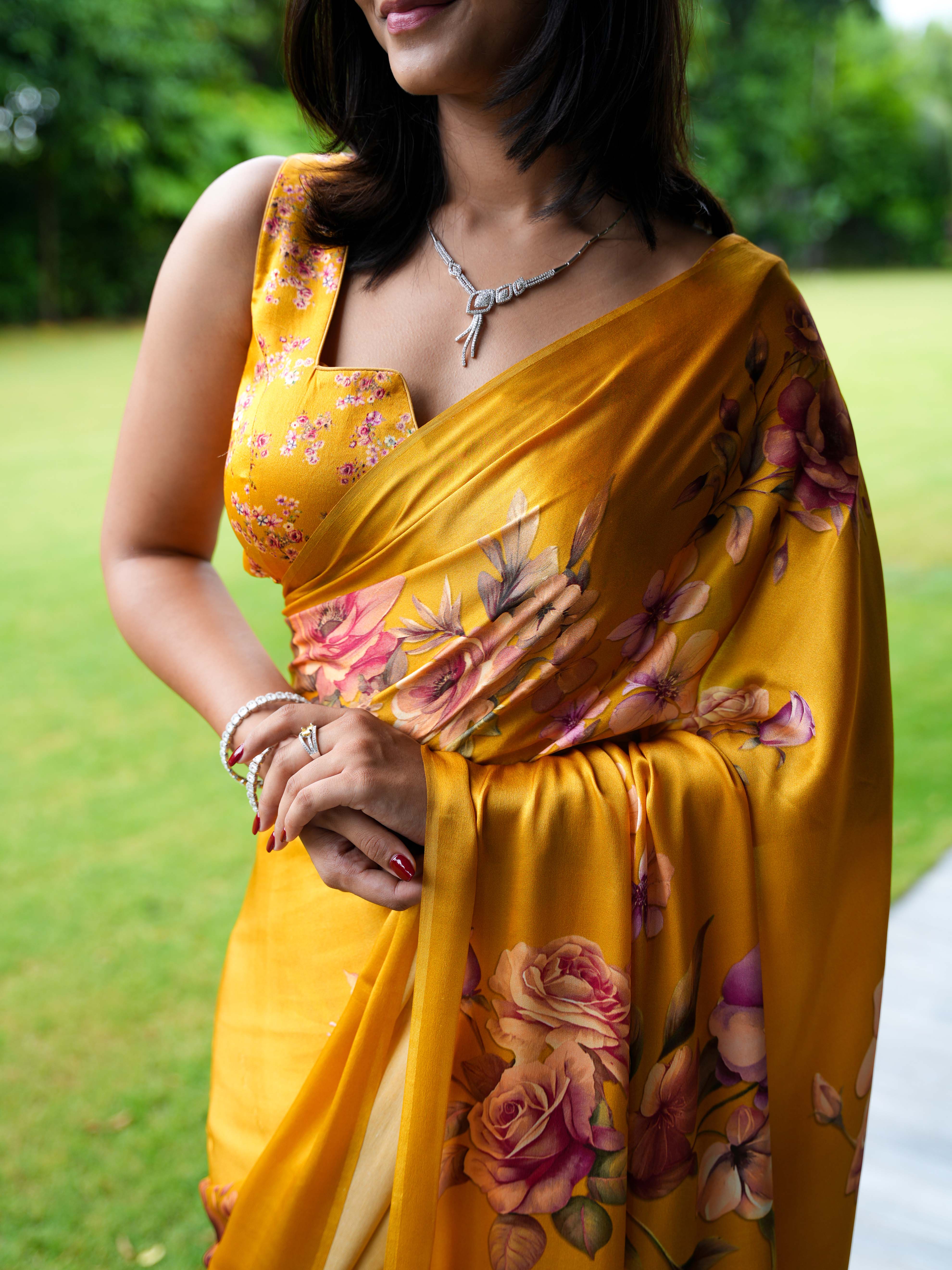 Golden Mustard Pure Satin Silk Saree with Romantic Rose Floral Digital Print – Unstitched Blouse - Image 5