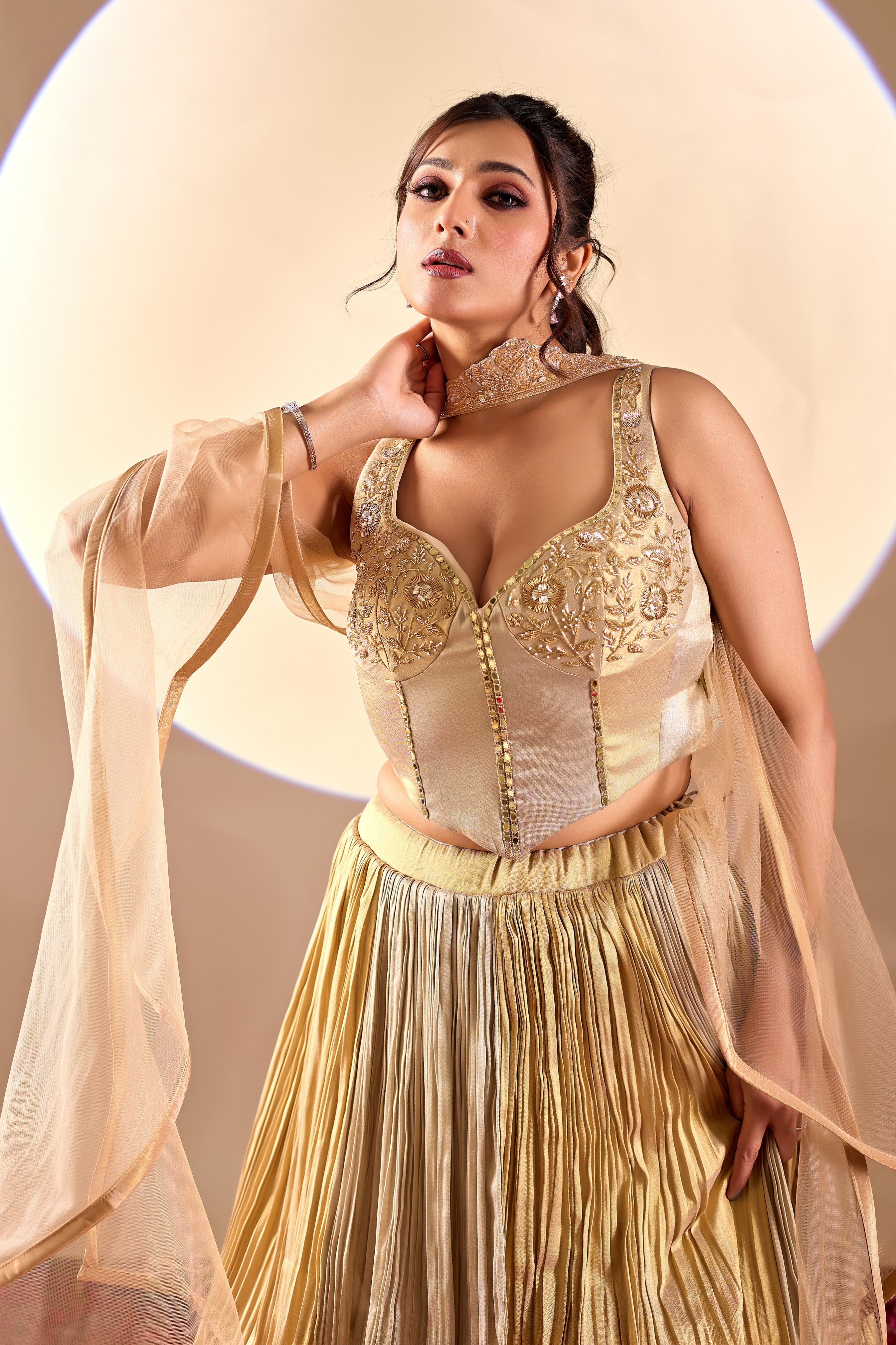Golden Pleated Indo-Western Lehenga Set with Dupatta - Image 2