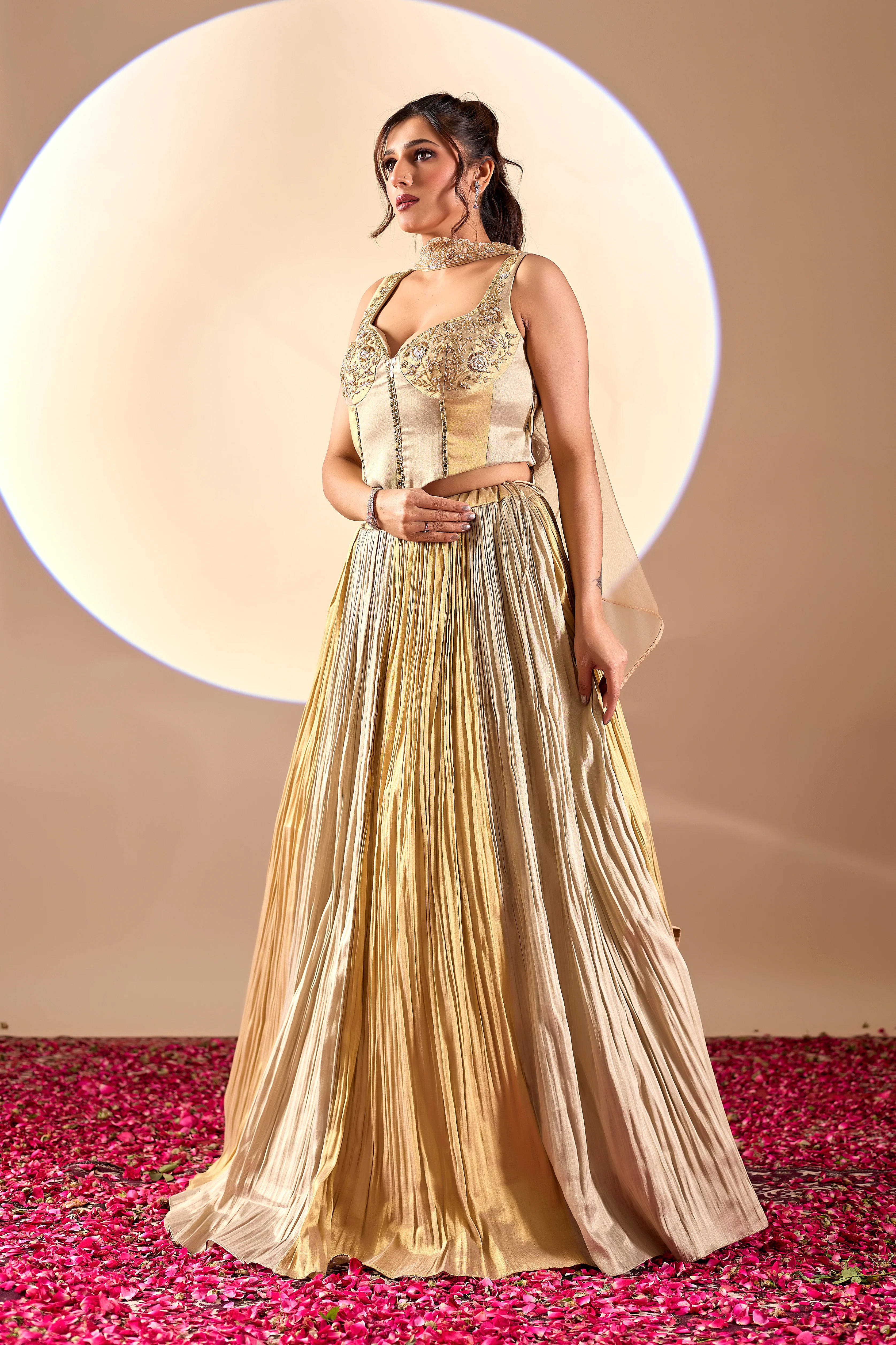 Golden Pleated Indo-Western Lehenga Set with Dupatta - Image 3