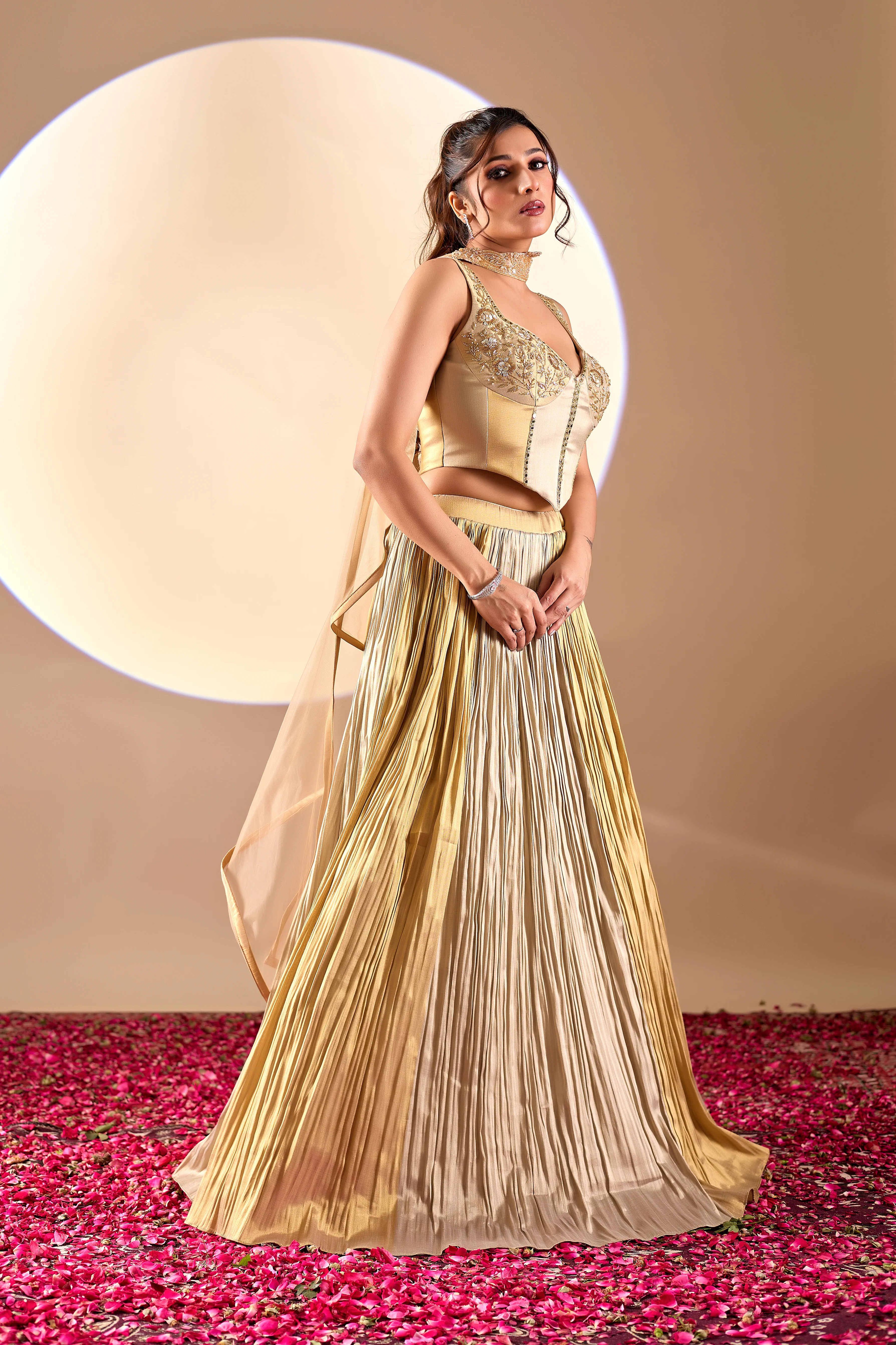 Golden Pleated Indo-Western Lehenga Set with Dupatta - Image 4