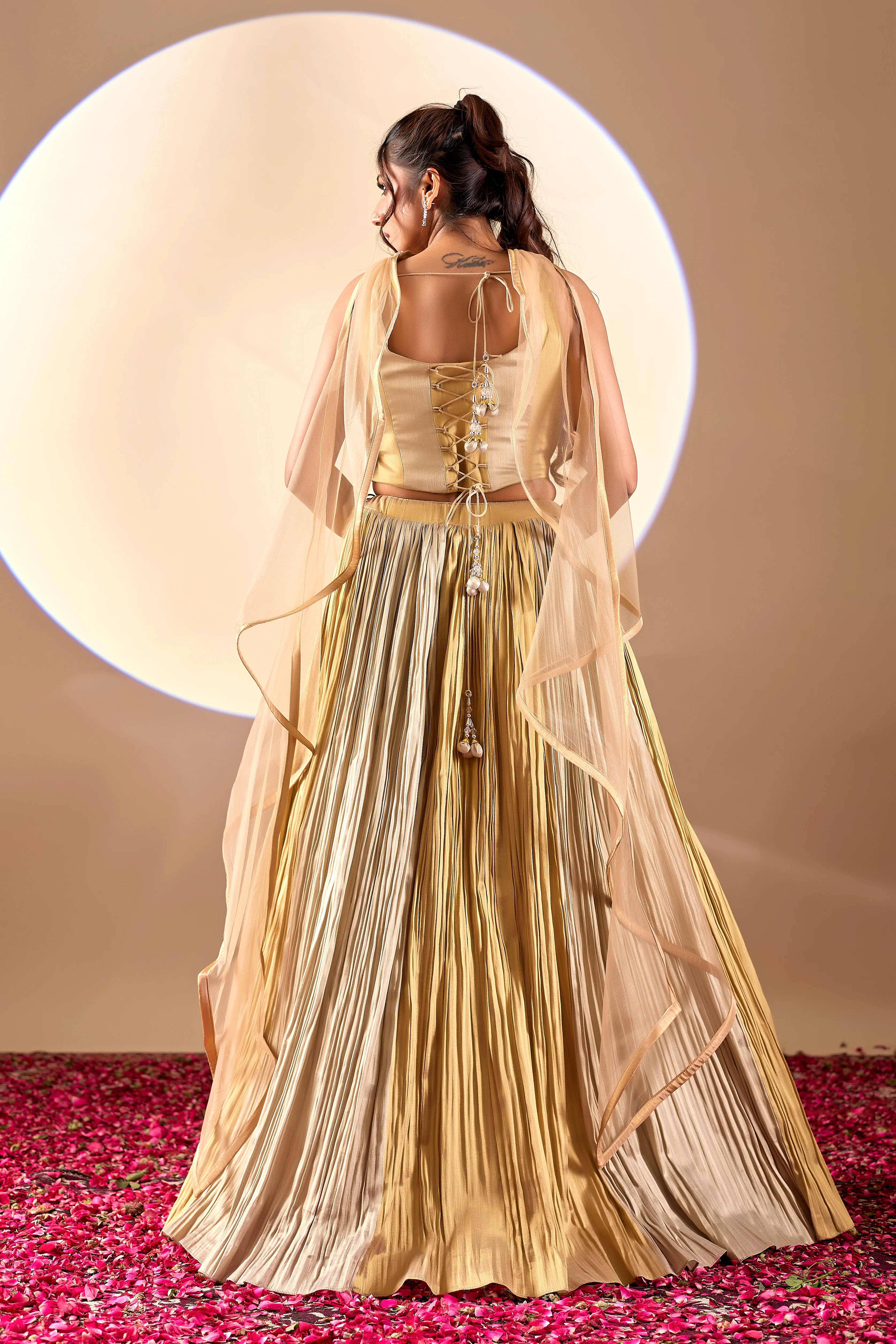 Golden Pleated Indo-Western Lehenga Set with Dupatta - Image 5