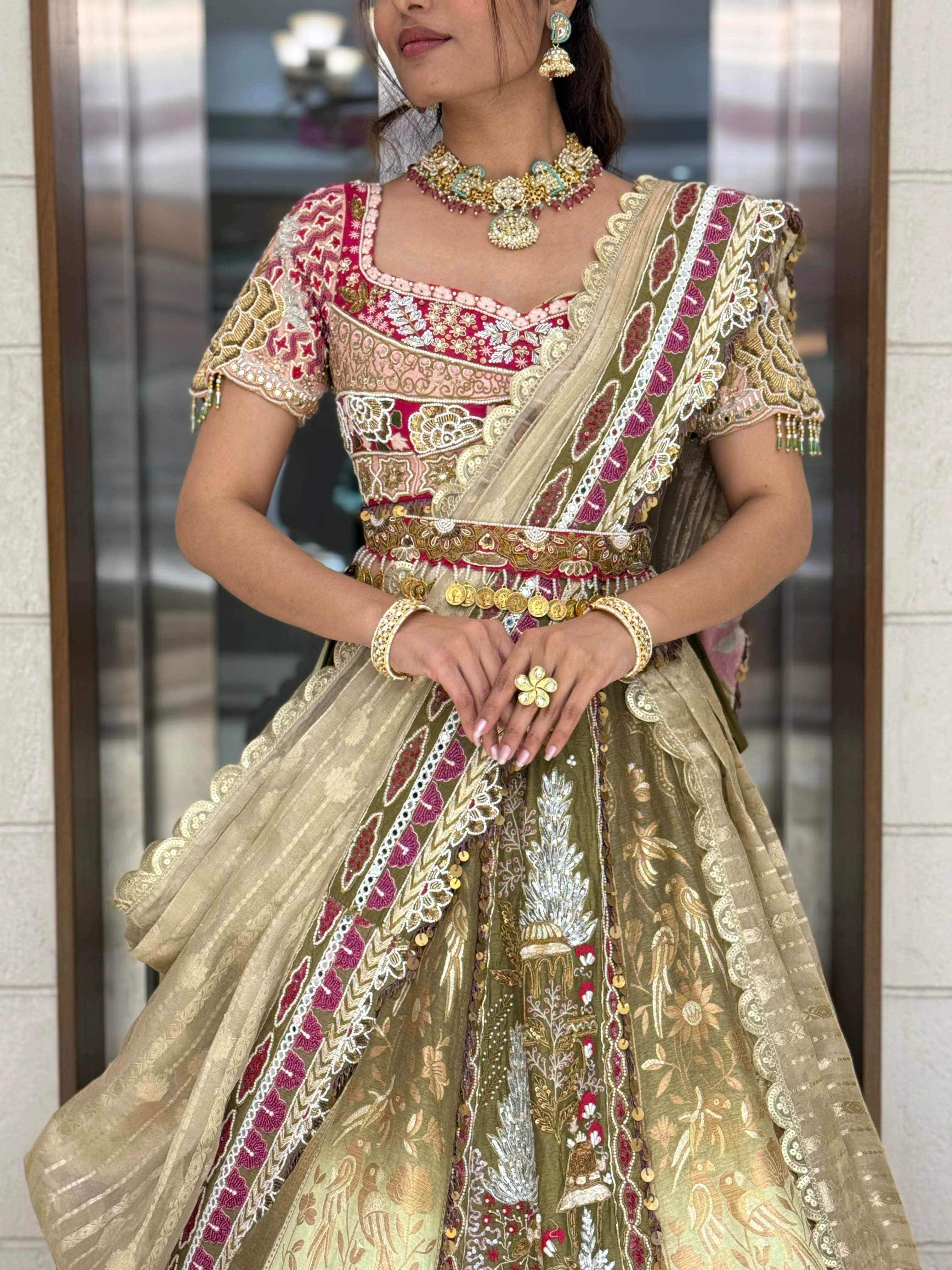 Golden Sage & Maroon Hand-Embroidered Bridal Lehenga Set - Image 2