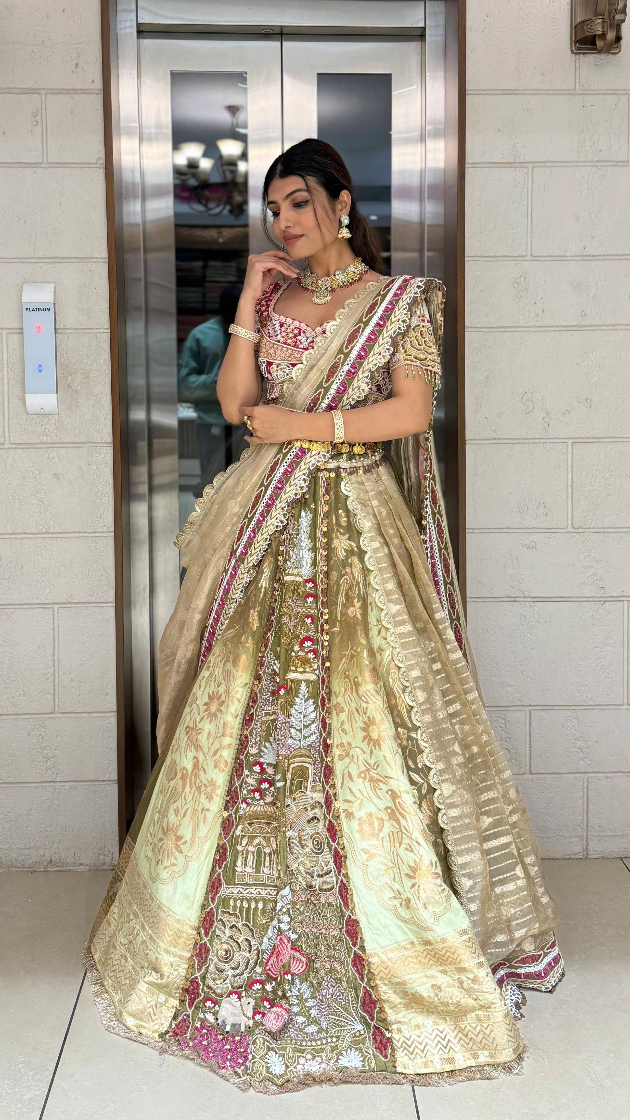 Golden Sage & Maroon Hand-Embroidered Bridal Lehenga Set - Image 3