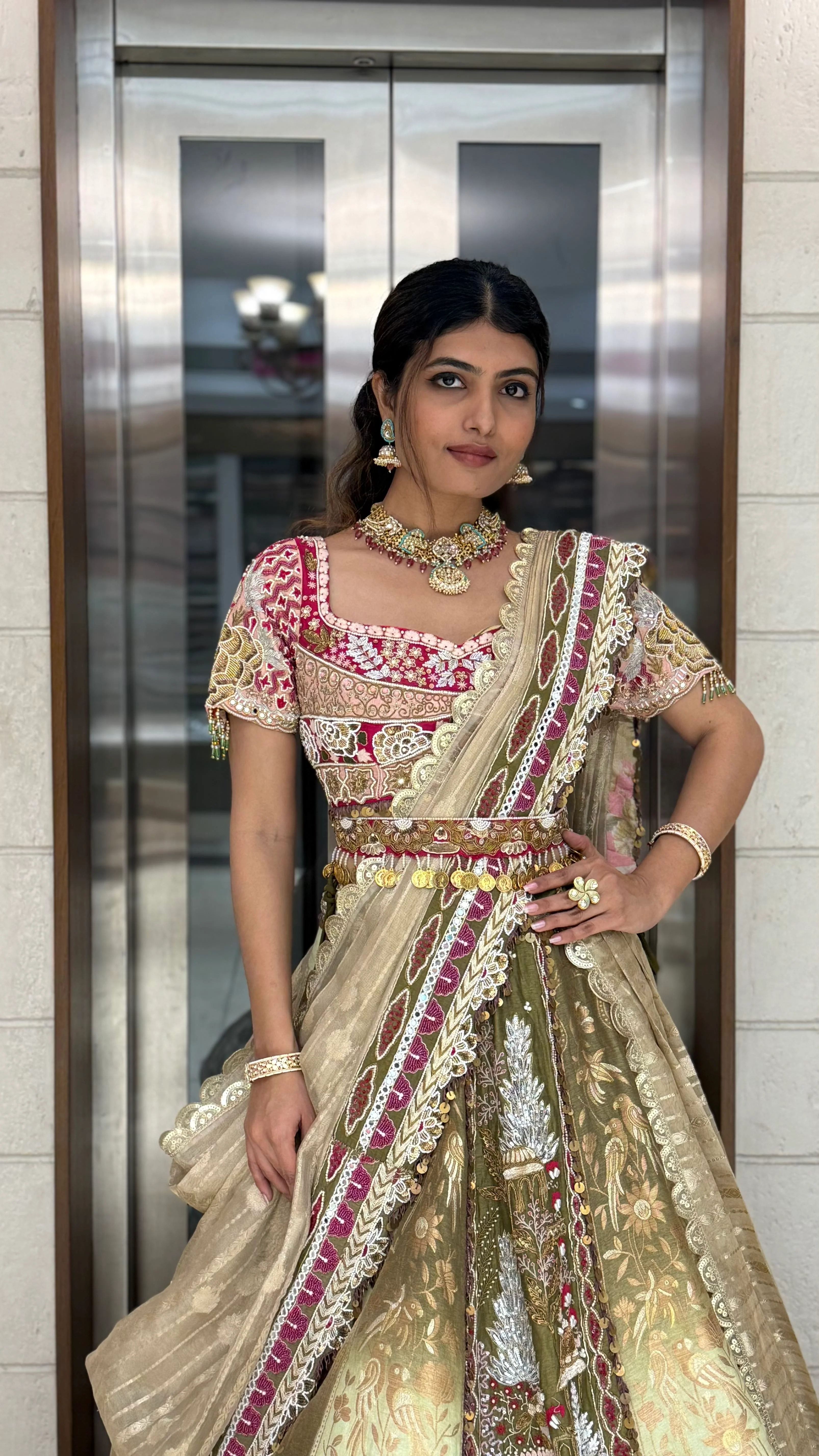 Golden Sage & Maroon Hand-Embroidered Bridal Lehenga Set - Image 4