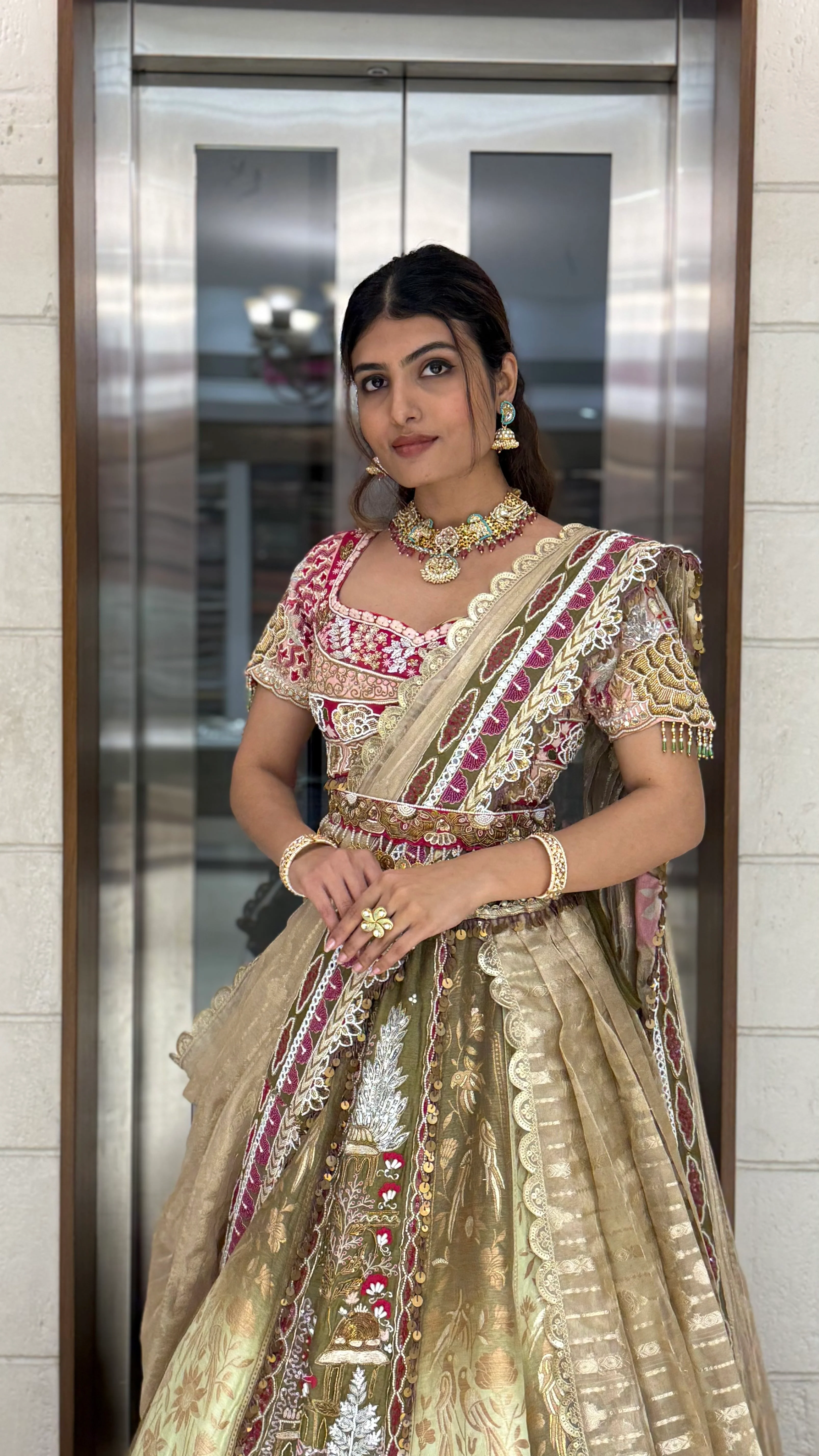 Golden Sage & Maroon Hand-Embroidered Bridal Lehenga Set - Image 5