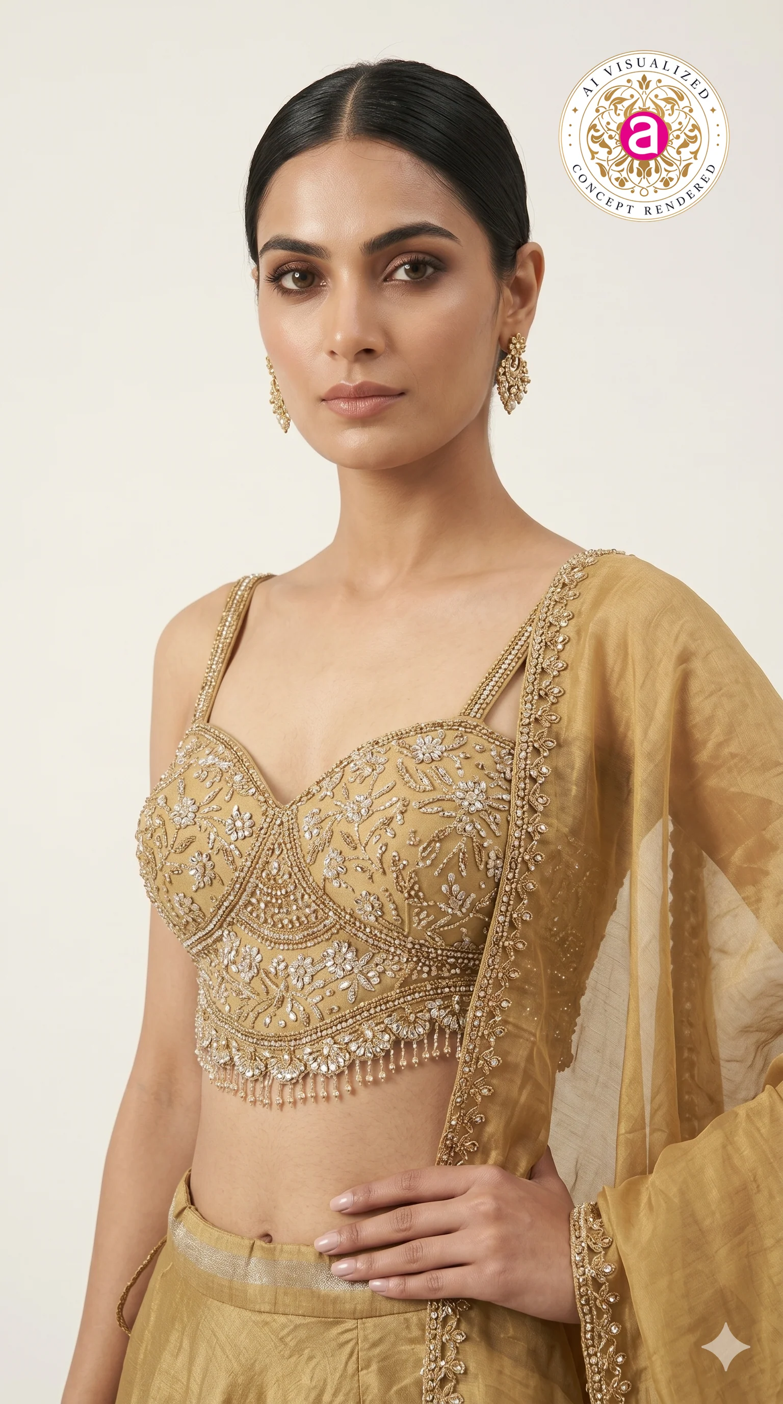 Golden Silk Lehenga Choli with Embellished Bustier & Sheer Dupatta - Image 2