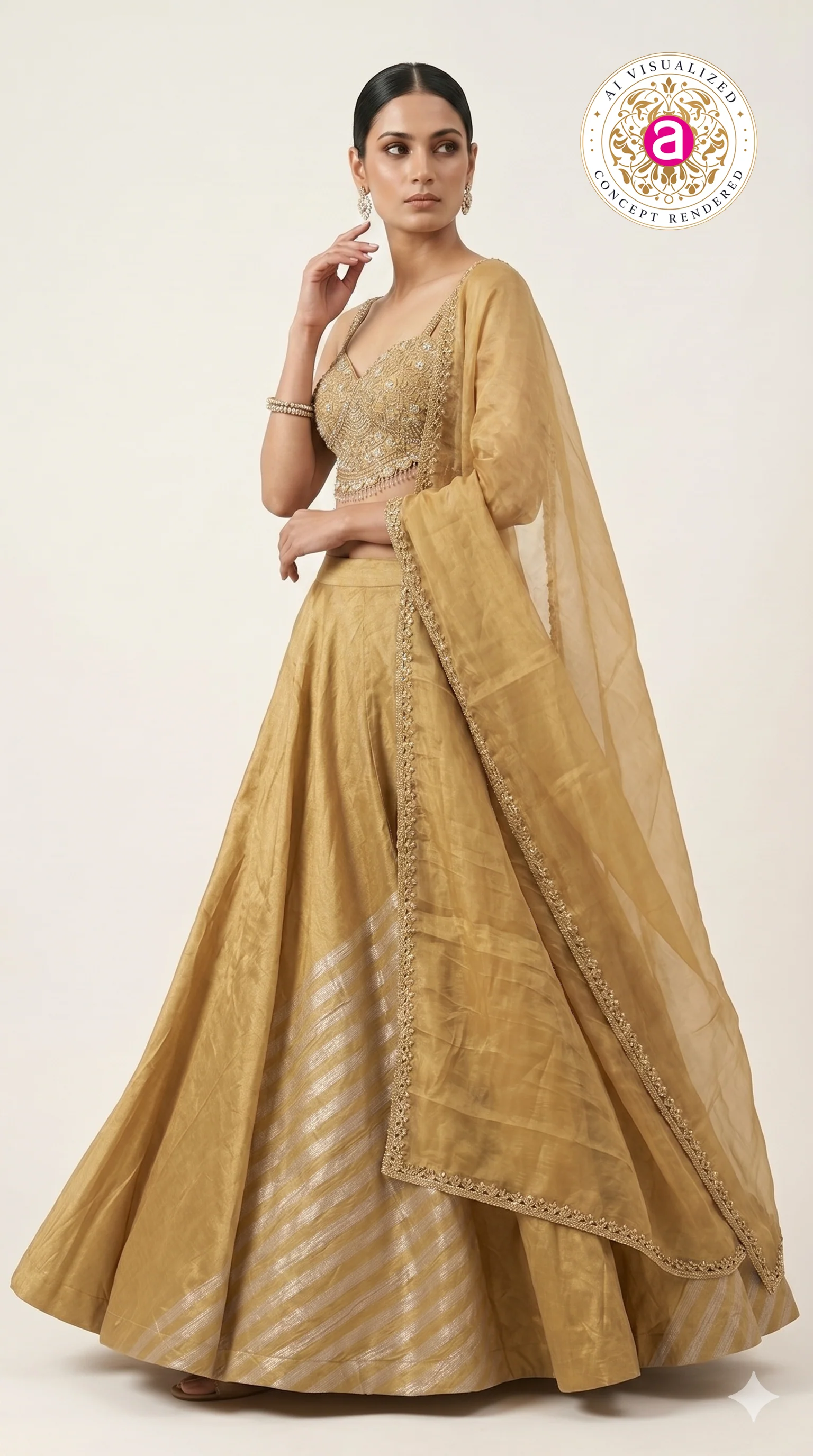 Golden Silk Lehenga Choli with Embellished Bustier & Sheer Dupatta - Image 3