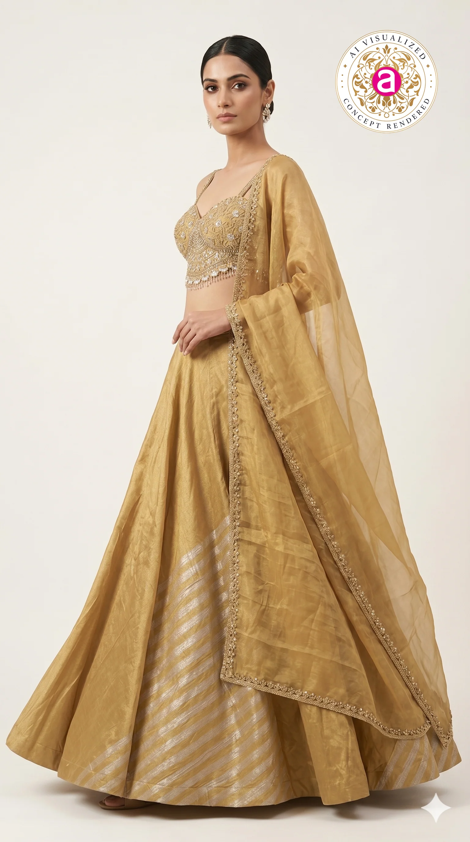 Golden Silk Lehenga Choli with Embellished Bustier & Sheer Dupatta - Image 4