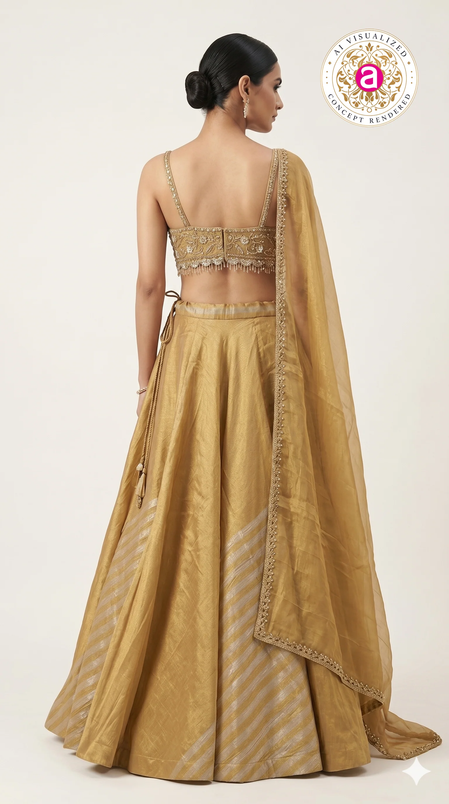 Golden Silk Lehenga Choli with Embellished Bustier & Sheer Dupatta - Image 5