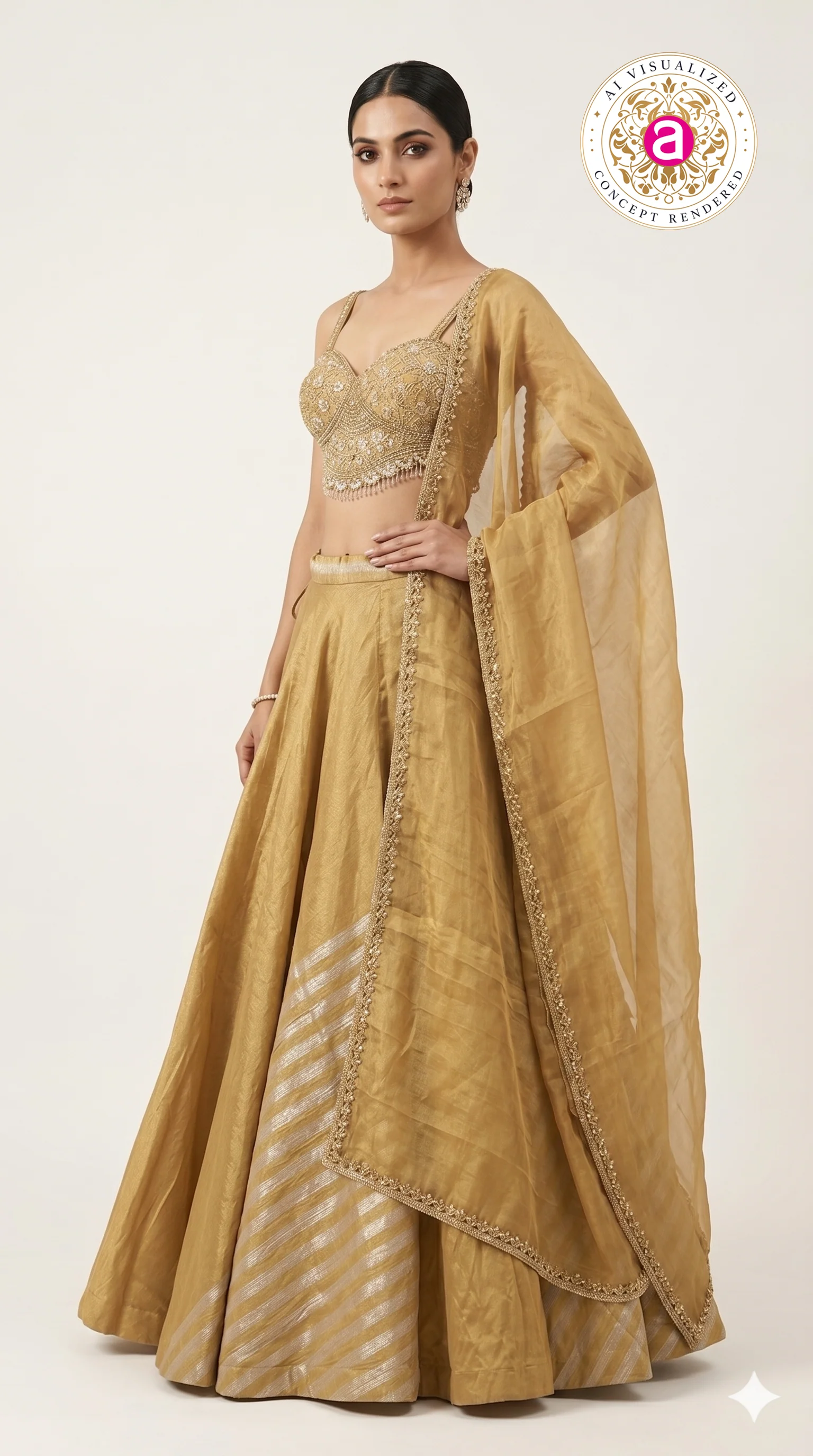 Golden Silk Lehenga Choli with Embellished Bustier & Sheer Dupatta - Image 6