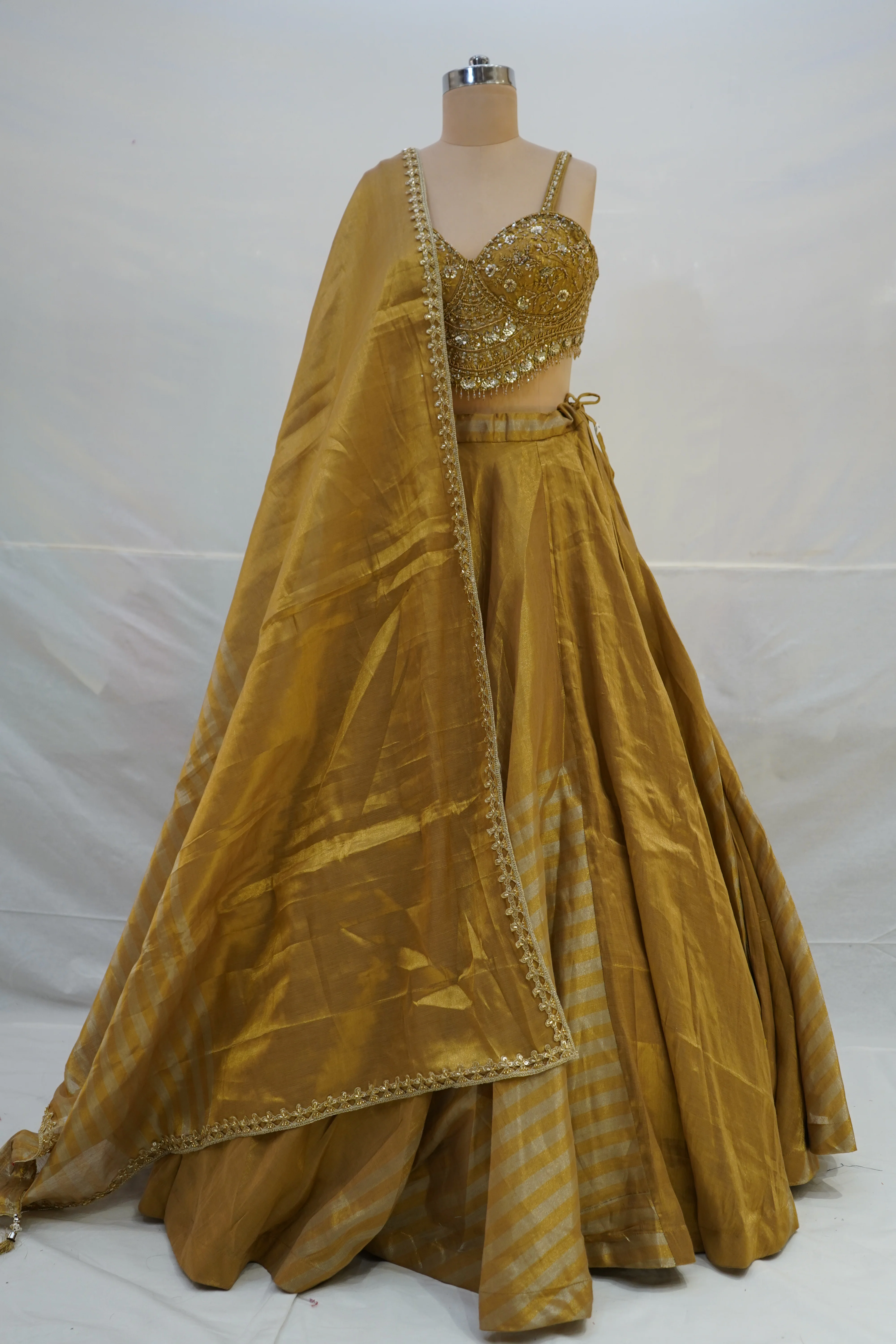 Golden Silk Lehenga Choli with Embellished Bustier & Sheer Dupatta - Image 9