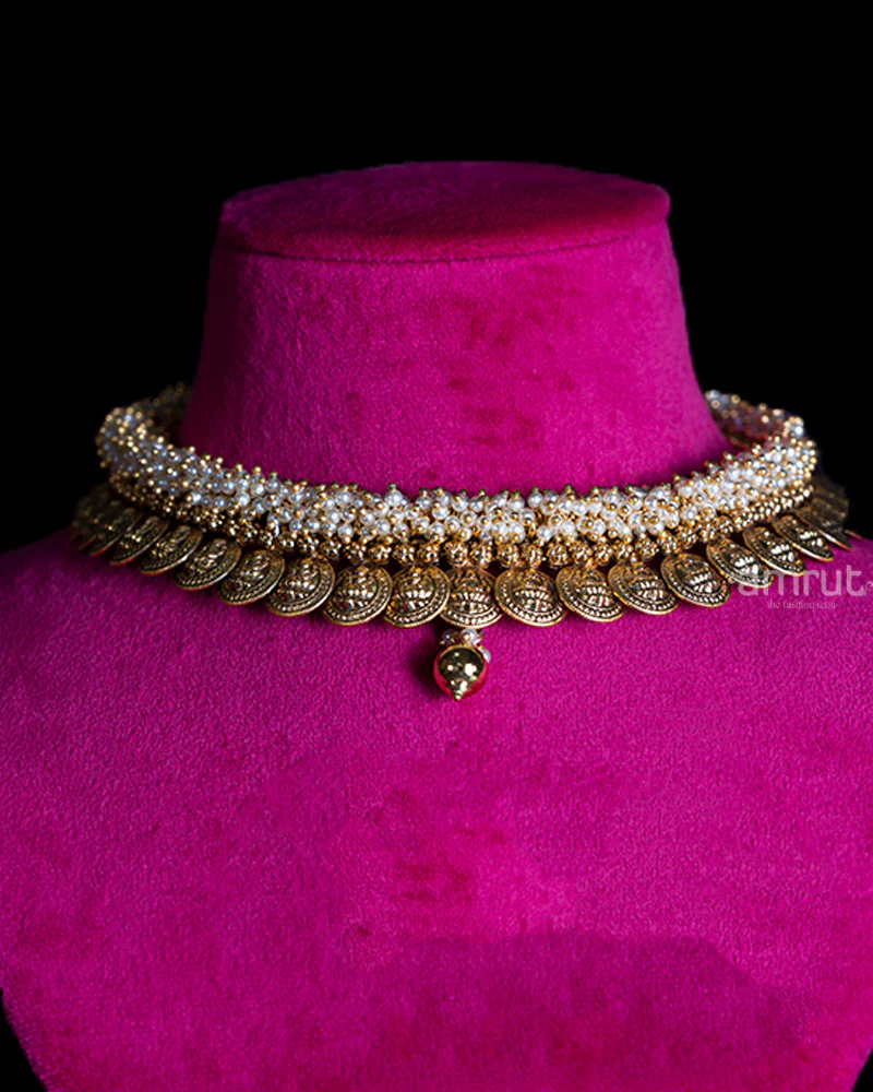 Golden Toned Coin Choker Necklace with Pearl Accents and Matching Earrings - Image 2