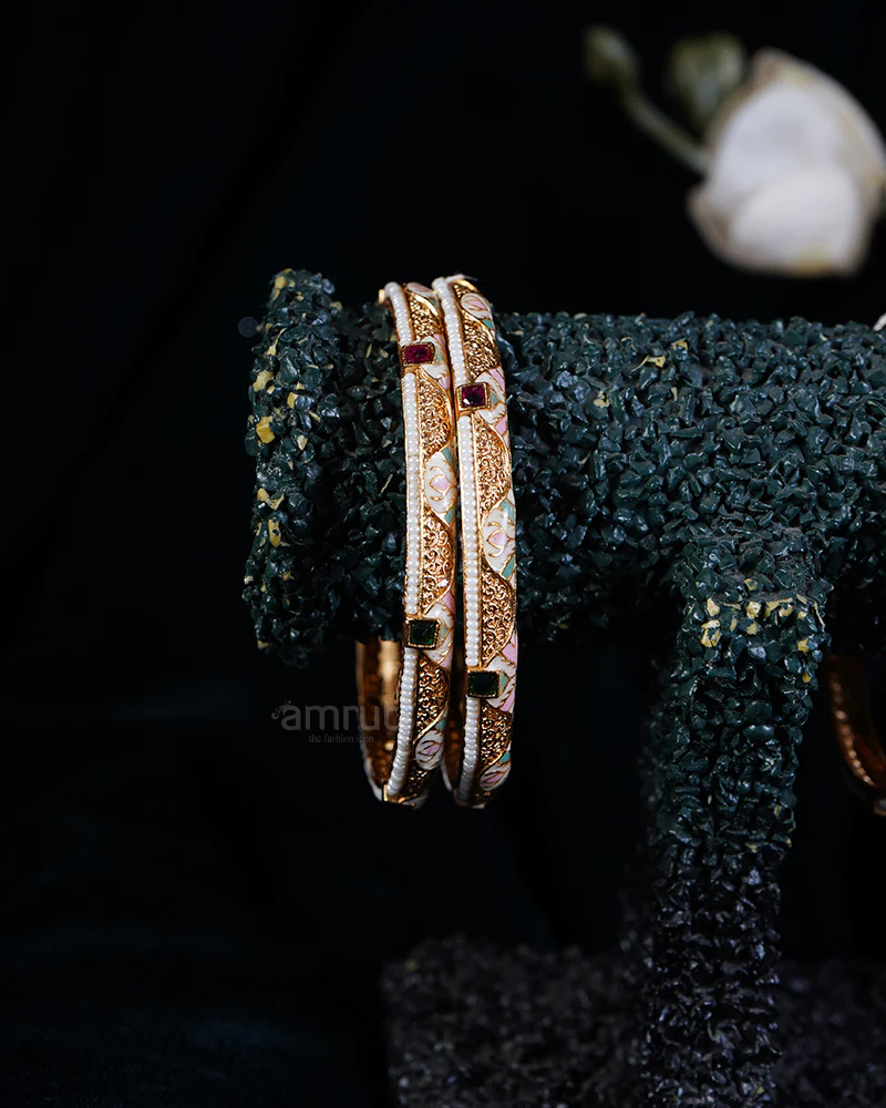 Golden-Toned Gemstone Accents and Bead Detailing Floral Bangles - Image 2