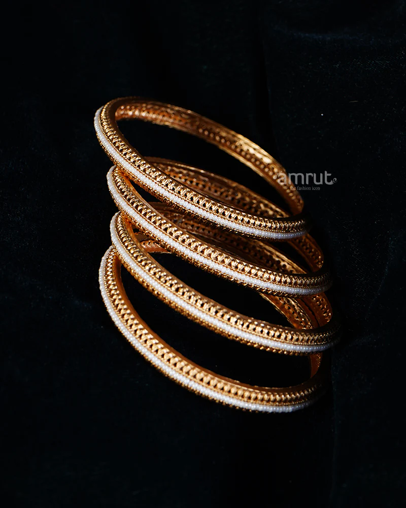 Golden-Toned Off-White Beaded Detailing Bangles - Image 2