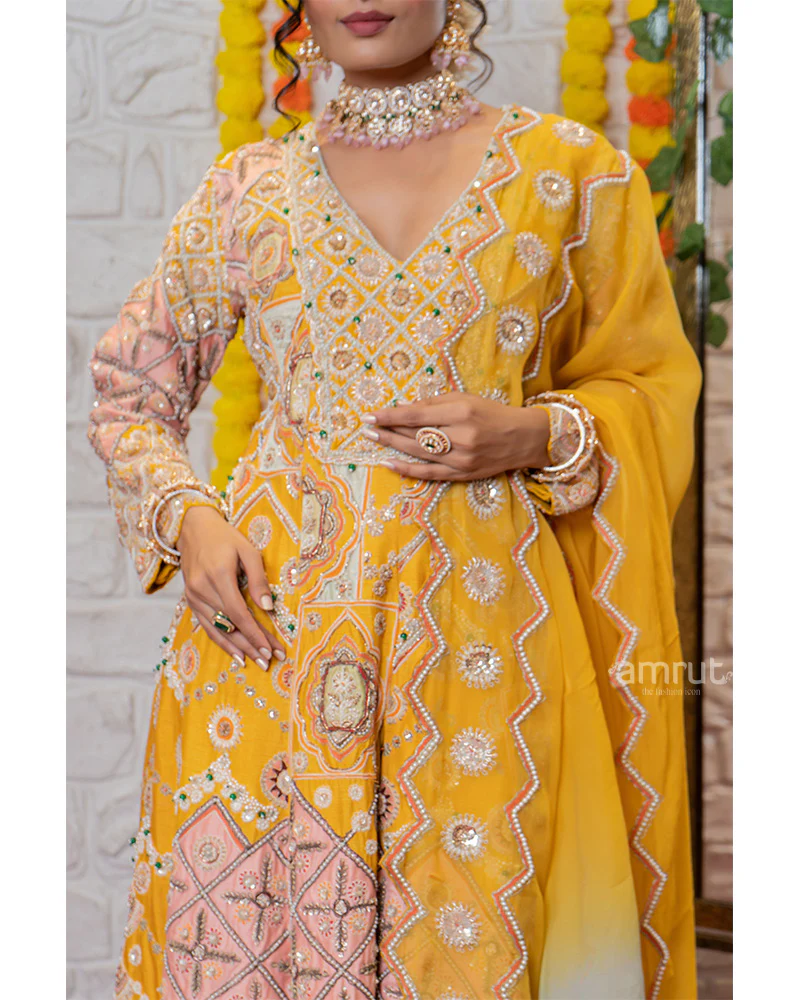 Golden Yellow Heavy Embroidered Salwar Suit with Dupatta - Image 3