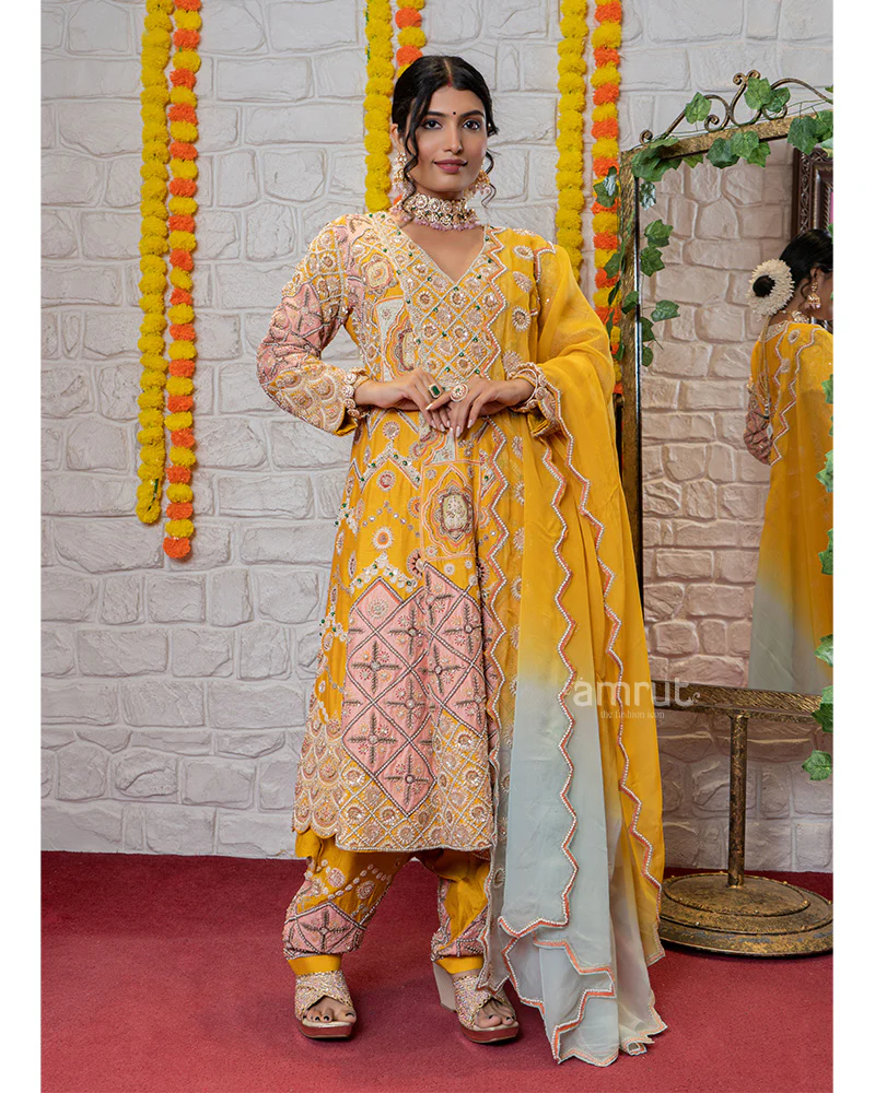 Golden Yellow Heavy Embroidered Salwar Suit with Dupatta - Image 4